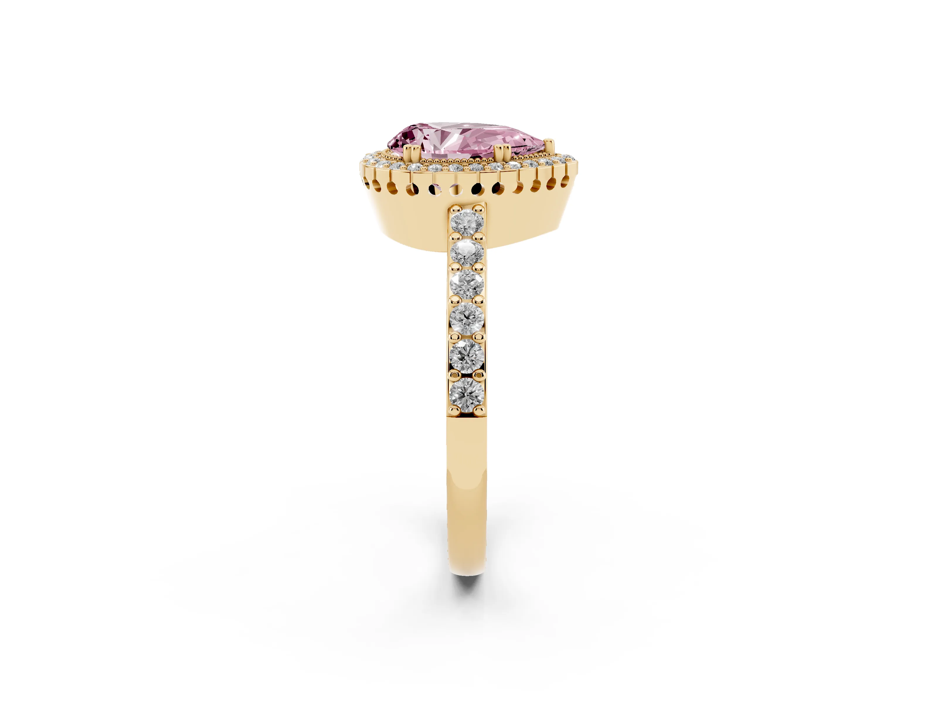 Fancy Pink Pear Cut Diamond Halo Engagement Ring Set in Yellow gold with Milgrain Detail and Pavé Band