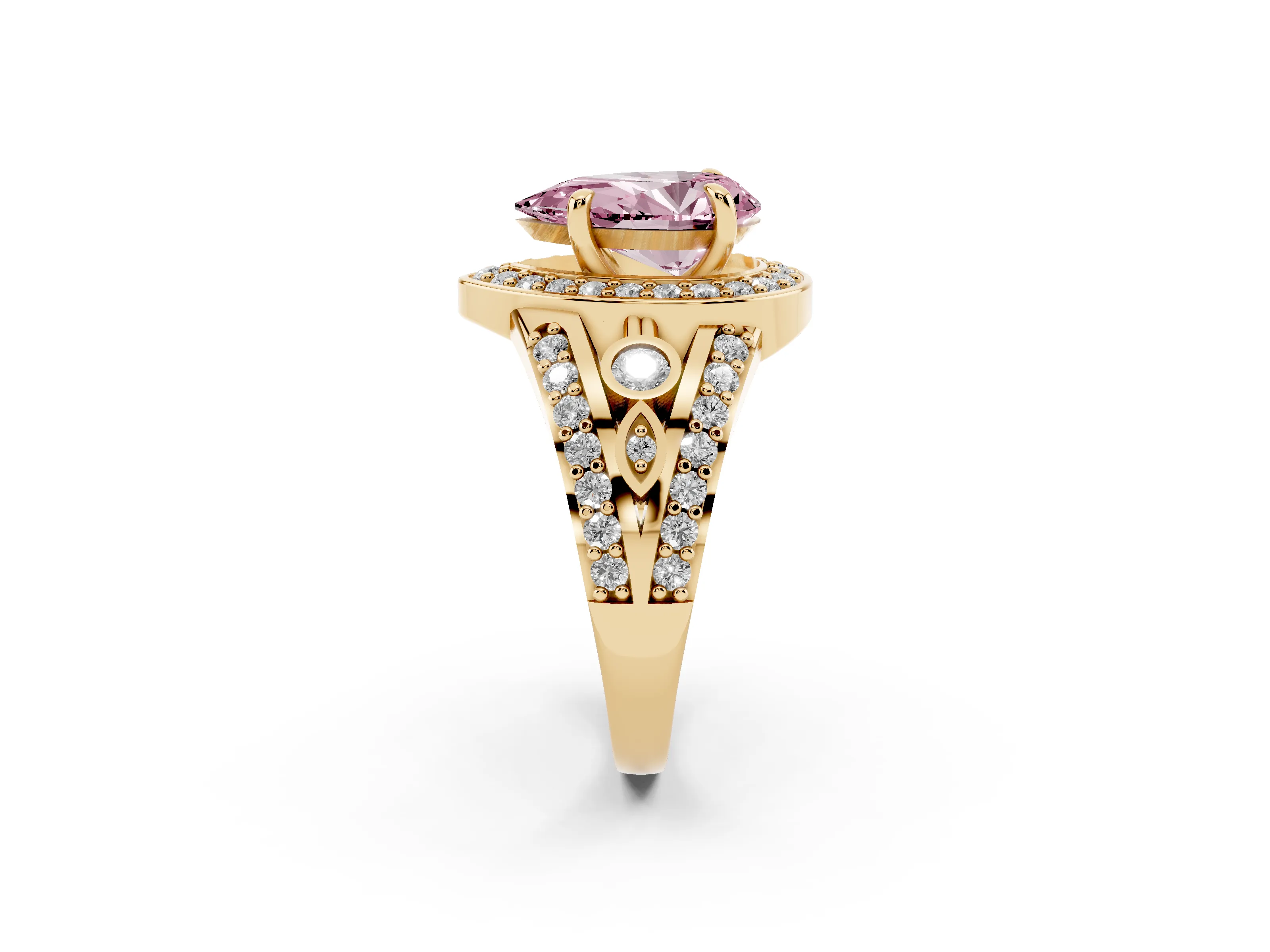 Fancy Pink Pear Cut Diamond Halo Ring Set in Yellow gold with Pavé Split Shank and Bezel Accents