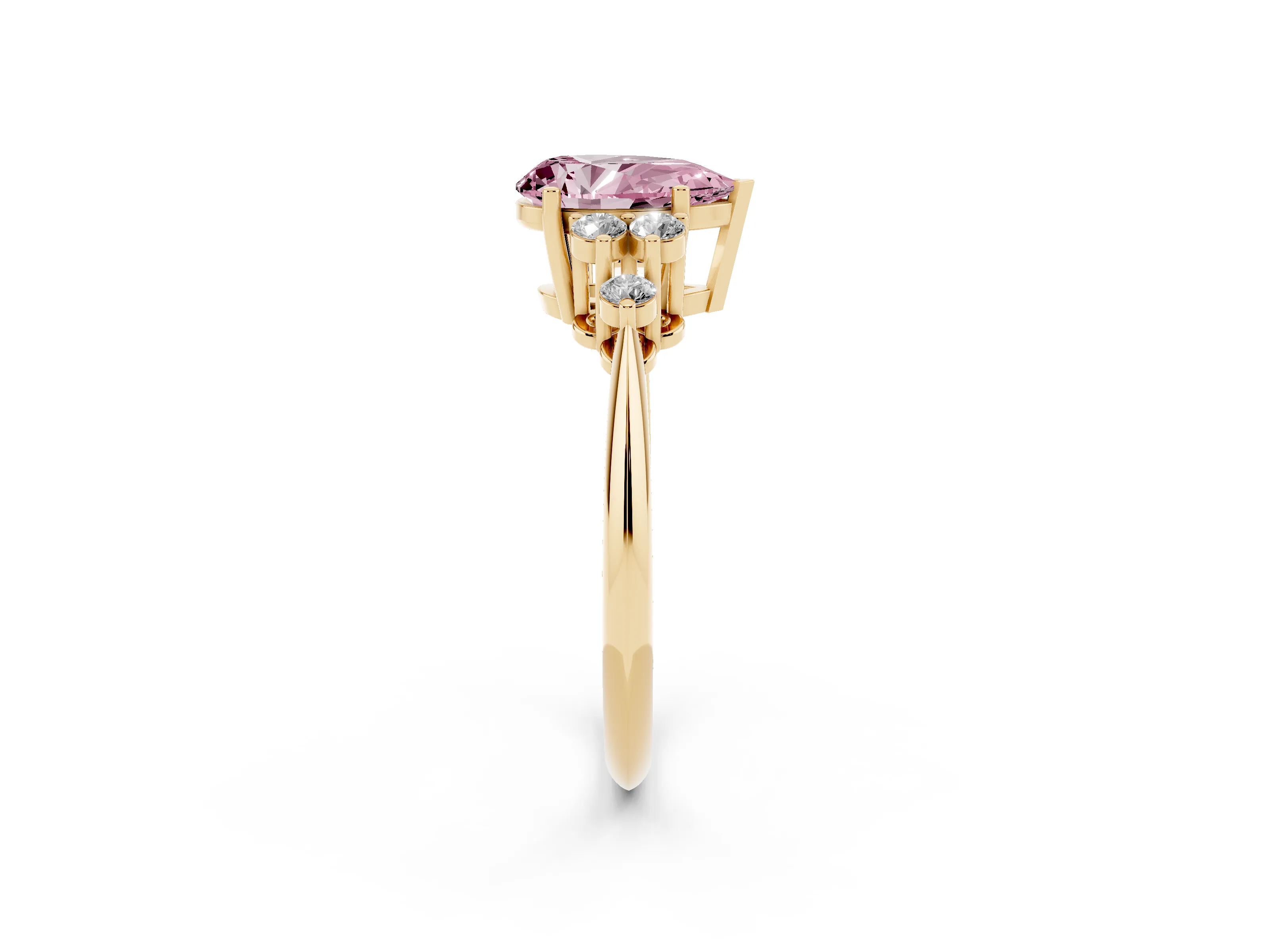 Fancy Pink Pear Cut Diamond Cluster Ring Set in Yellow gold with Plain Band and Prong Setting