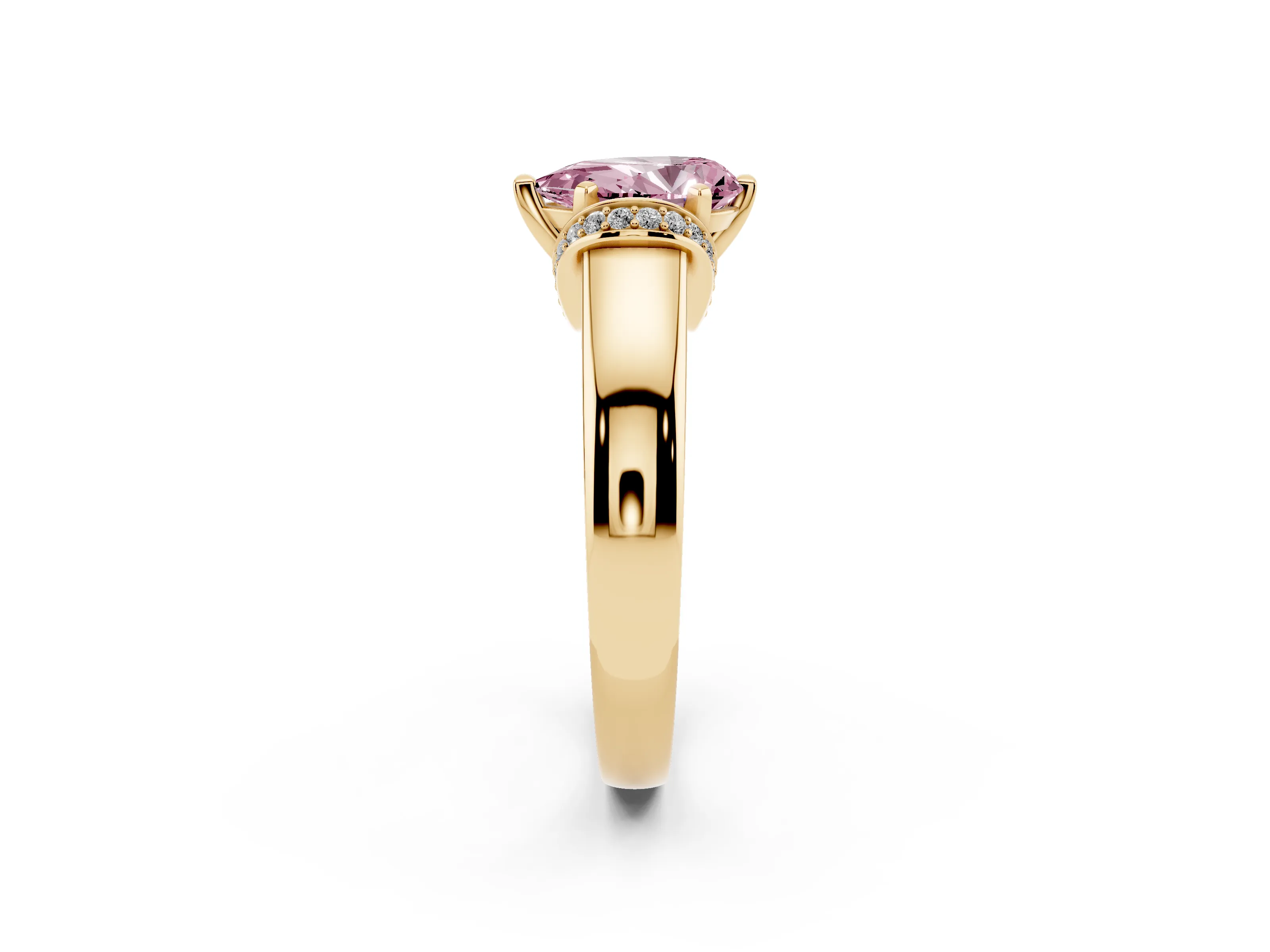 Fancy Pink Pear Cut Diamond Pavé Band Solitaire Ring Set in Yellow gold with Prong Setting