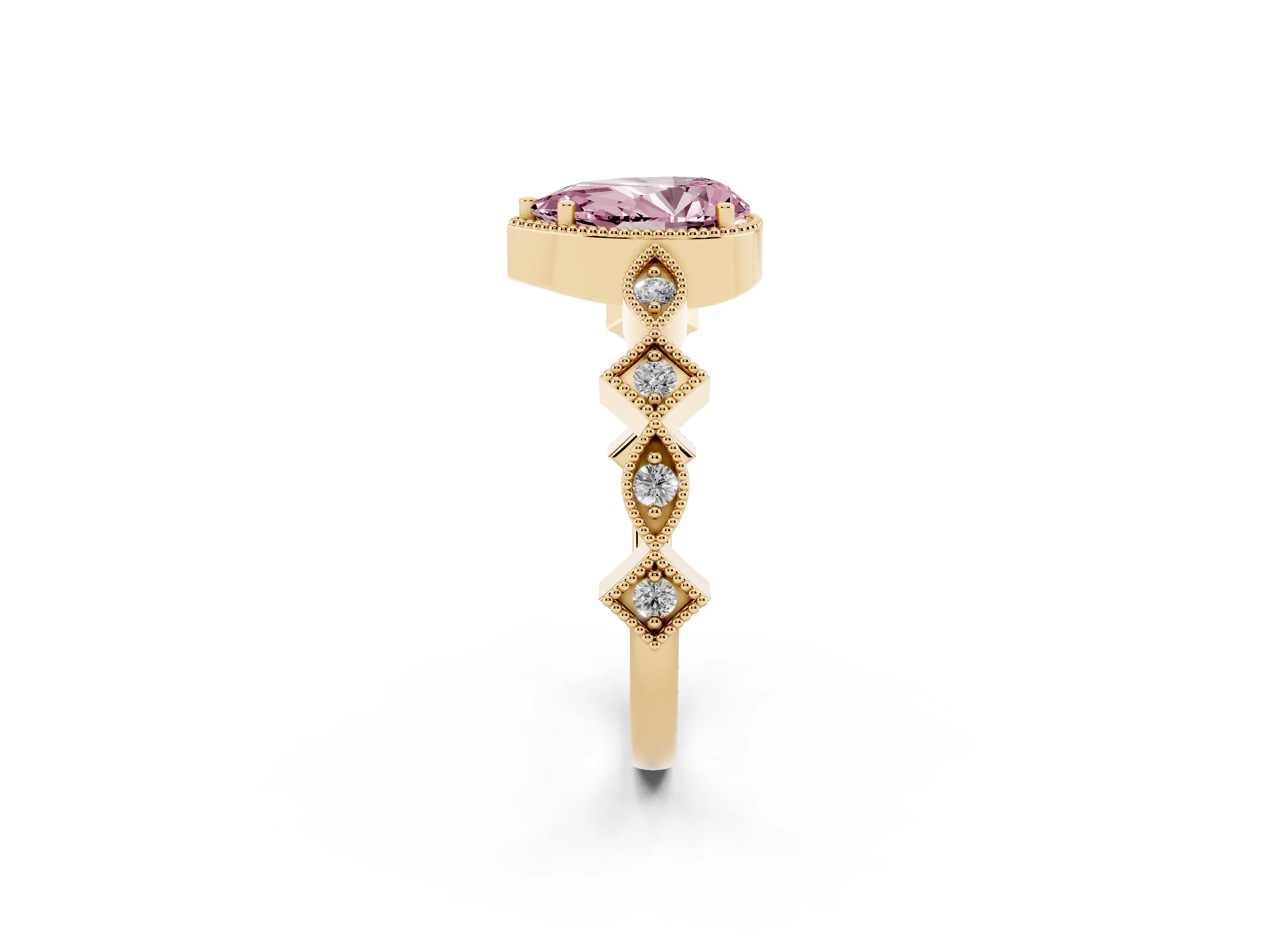 Fancy Pink Pear Cut Diamond Milgrain Marquise Twist Band Ring Set in Yellow gold with Prong Setting