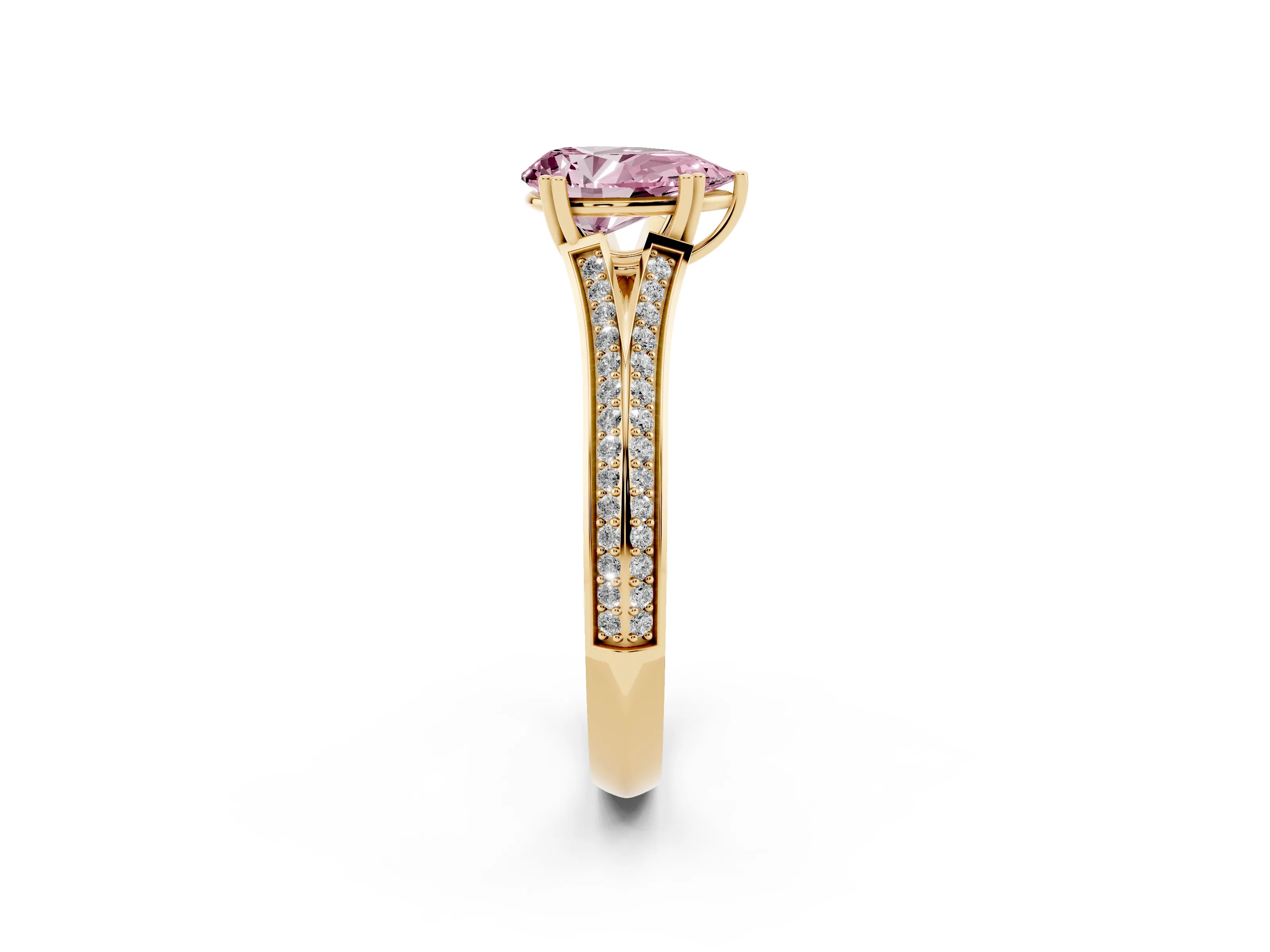 Fancy Pink Pear Cut Diamond Split Shank Pavé Engagement Ring Set in Yellow gold with Prong-Set Center Stone