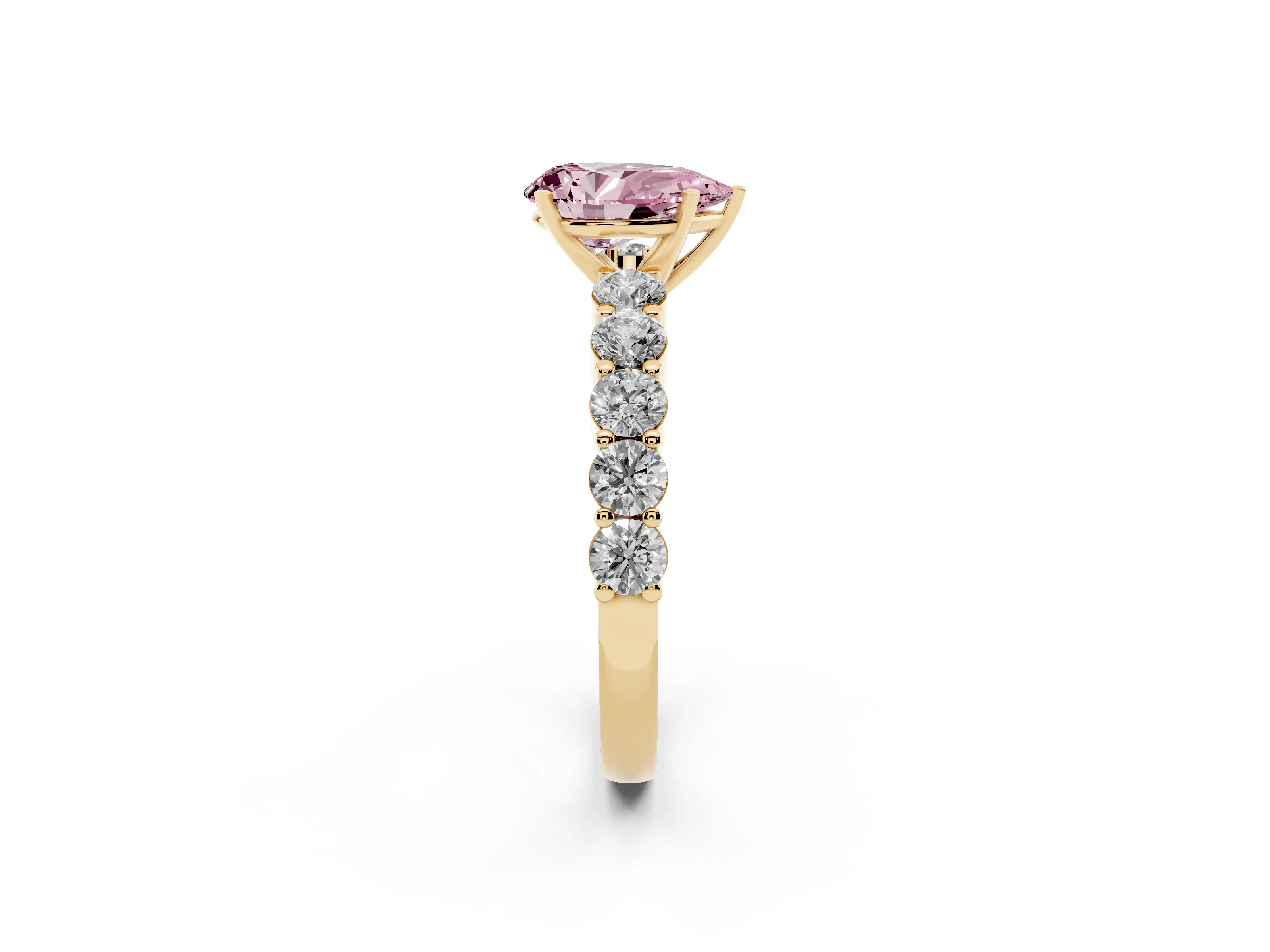 Fancy Pink Pear Cut Diamond Solitaire Ring Set in Yellow gold with Shared Prong Round Side Stones