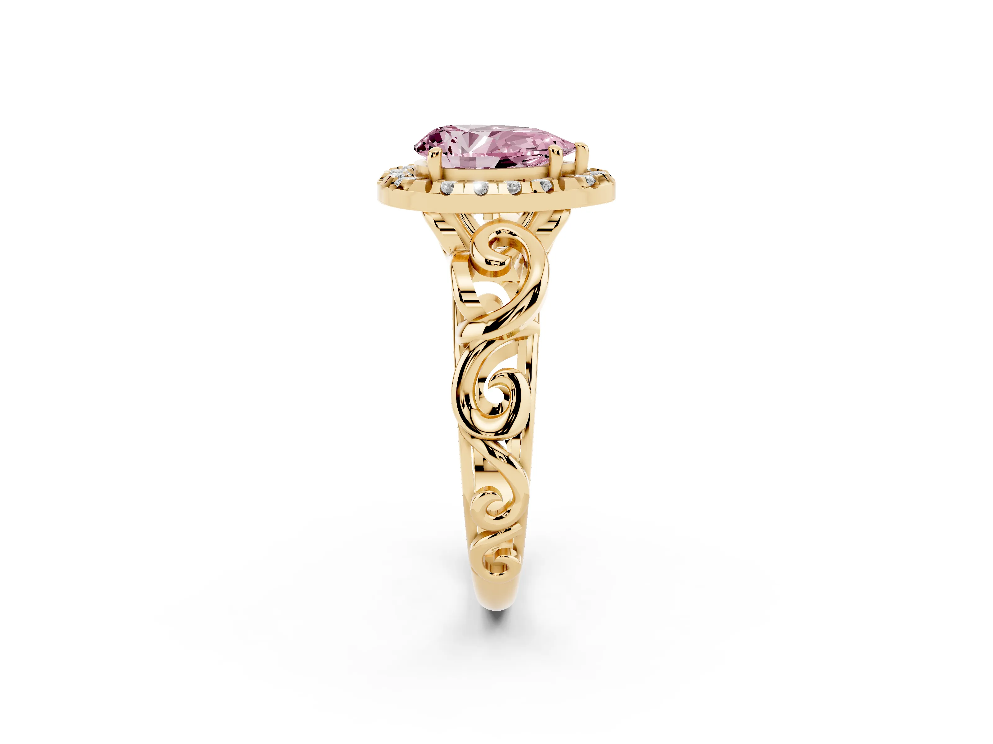 Fancy Pink Pear Cut Diamond Halo Ring Set in Yellow gold with Scrollwork Band and Prong Setting