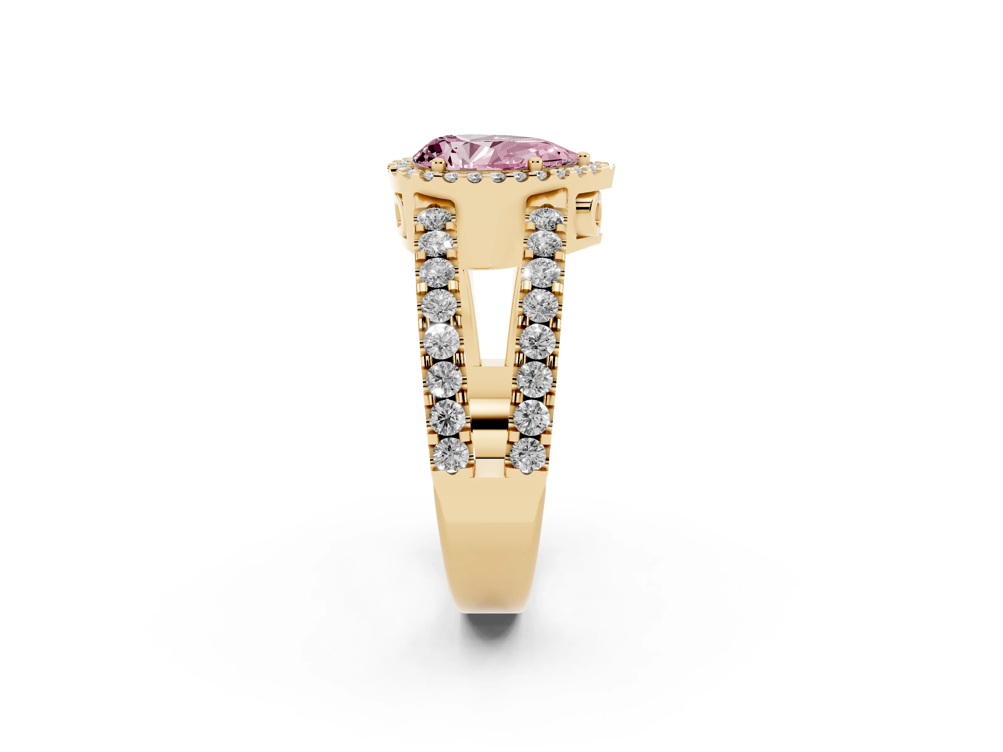 Fancy Pink Pear Cut Diamond Halo Ring Set in Yellow gold with Pavé Split Shank and Prong Setting