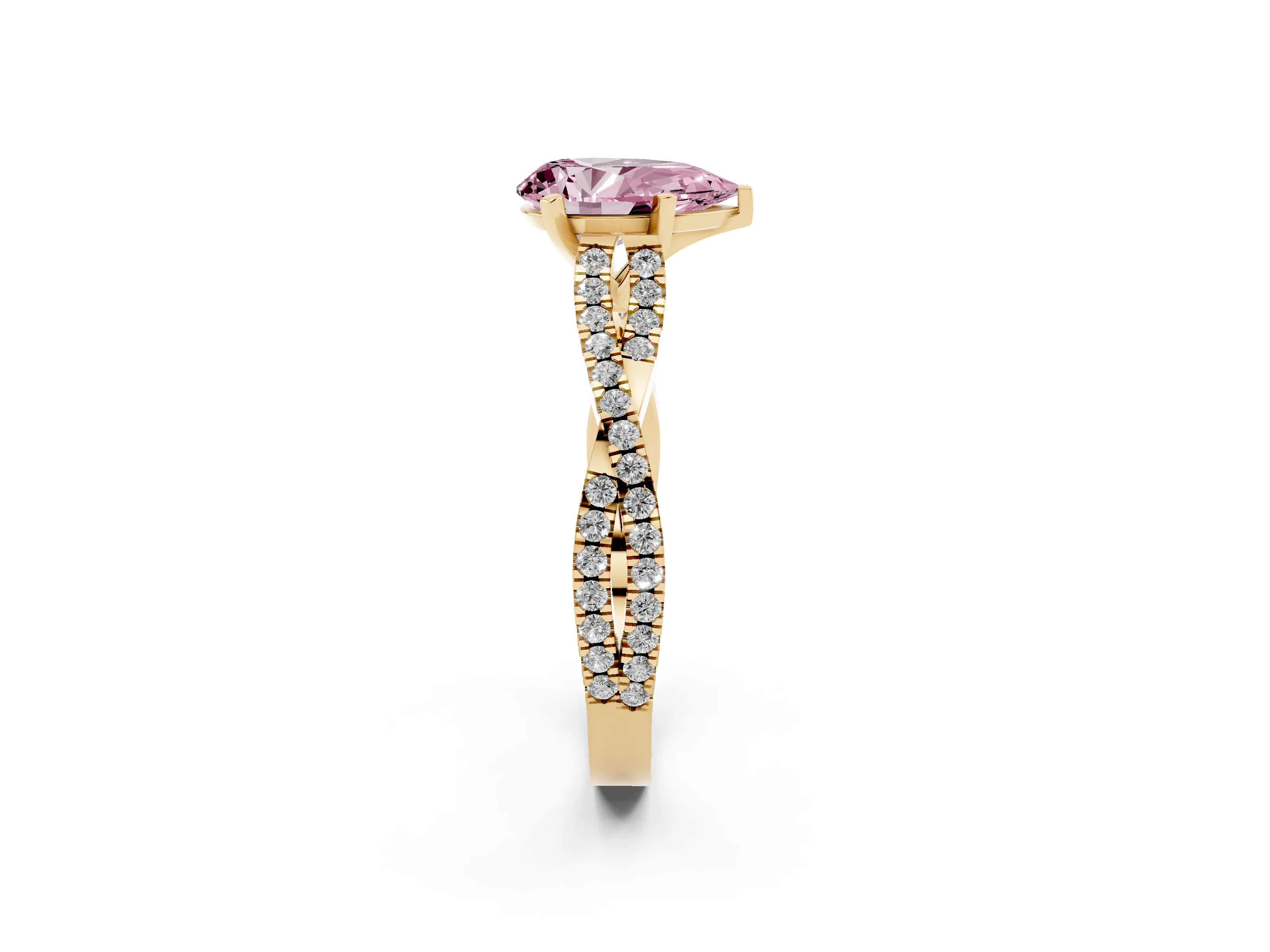 Fancy Pink Pear Cut Diamond Solitaire Engagement Ring Set in Yellow gold with Twisted Pavé Band and Prong Setting