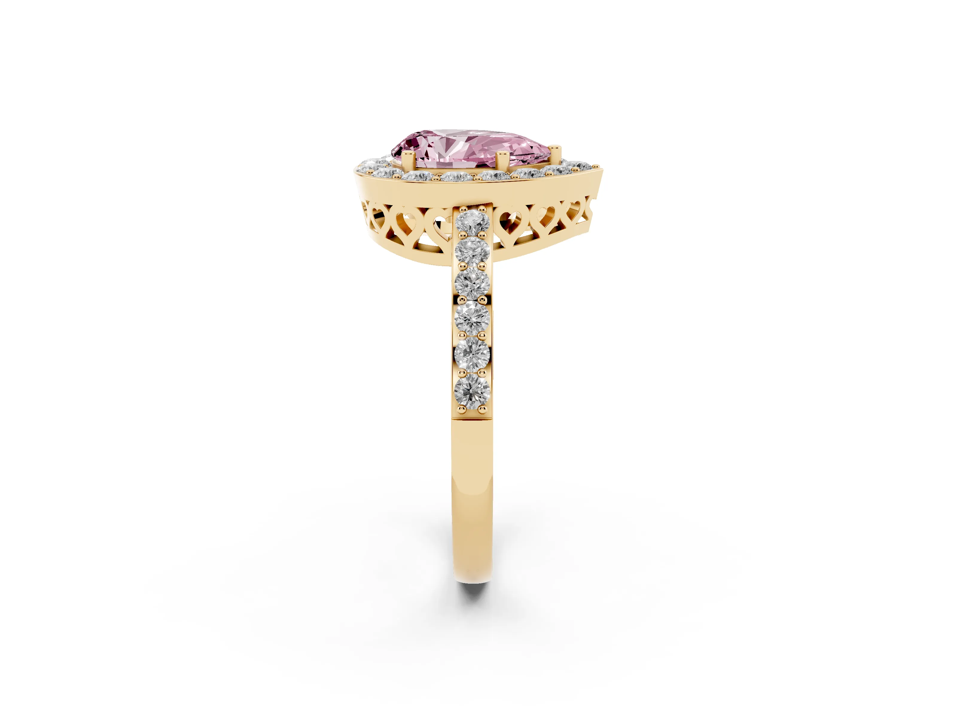 Fancy Pink Pear Cut Diamond Halo Ring Set in Yellow gold with Pavé-Setting Band and Open Prong Center