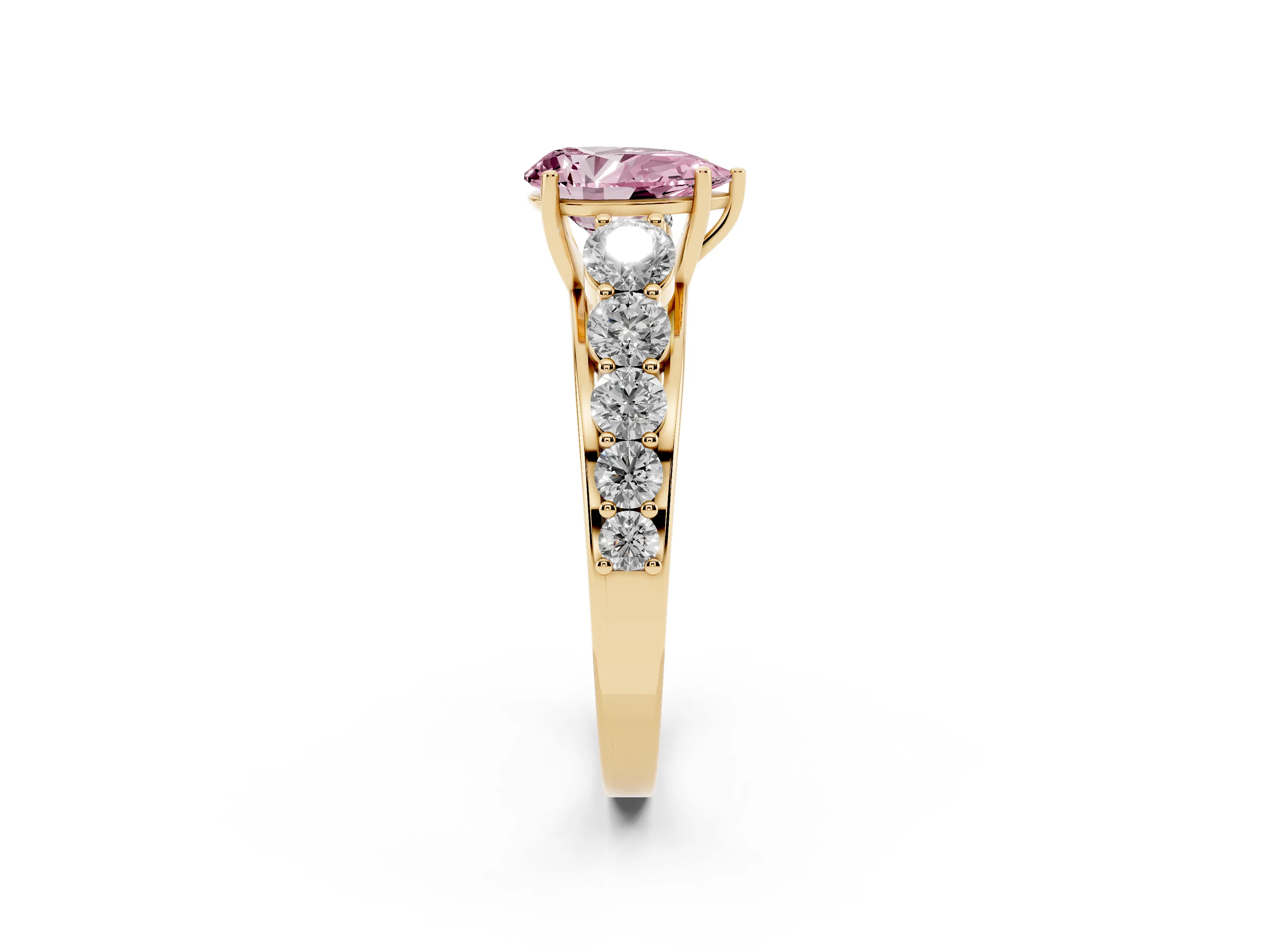 Fancy Pink Pear Cut Diamond Solitaire Ring Set in Yellow gold with Pavé-Set Band and Prong Setting