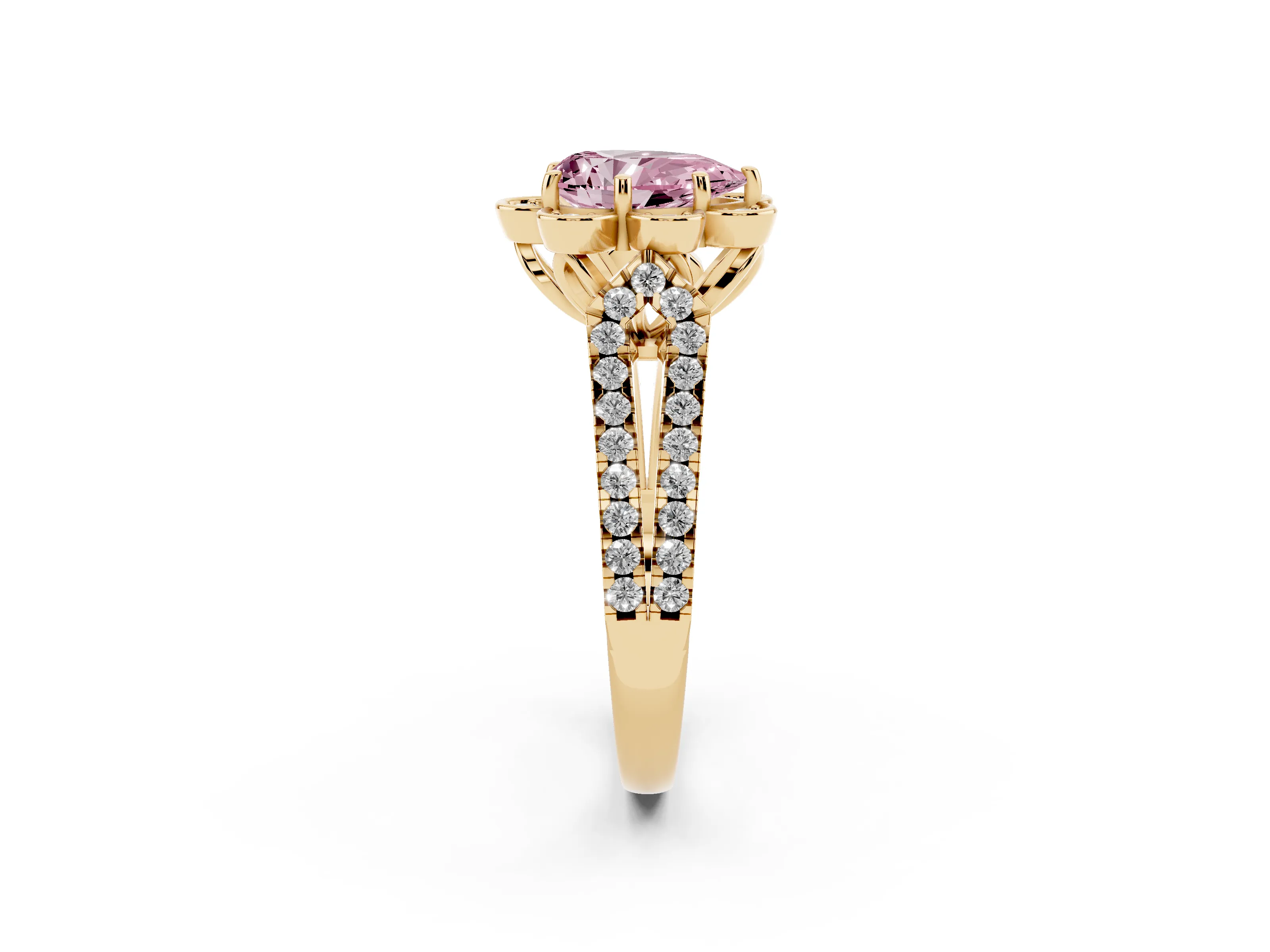 Fancy Pink Pear Cut Diamond Floral Halo Split Shank Engagement Ring Set in Yellow gold with Pavé Shank