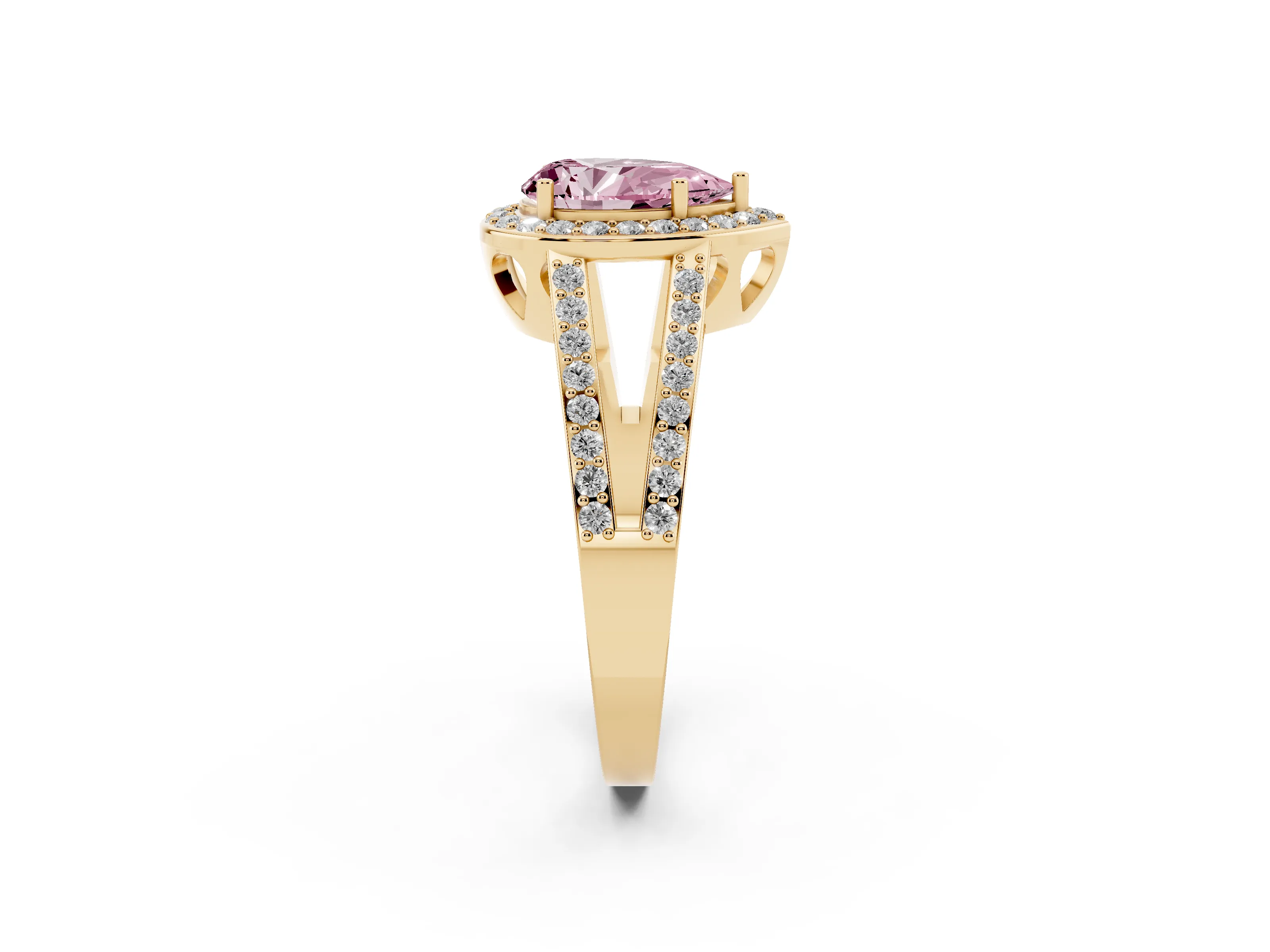 Fancy Pink Pear Cut Diamond Halo Ring Set in Yellow gold with U-Prong Split Shank and Prong Setting