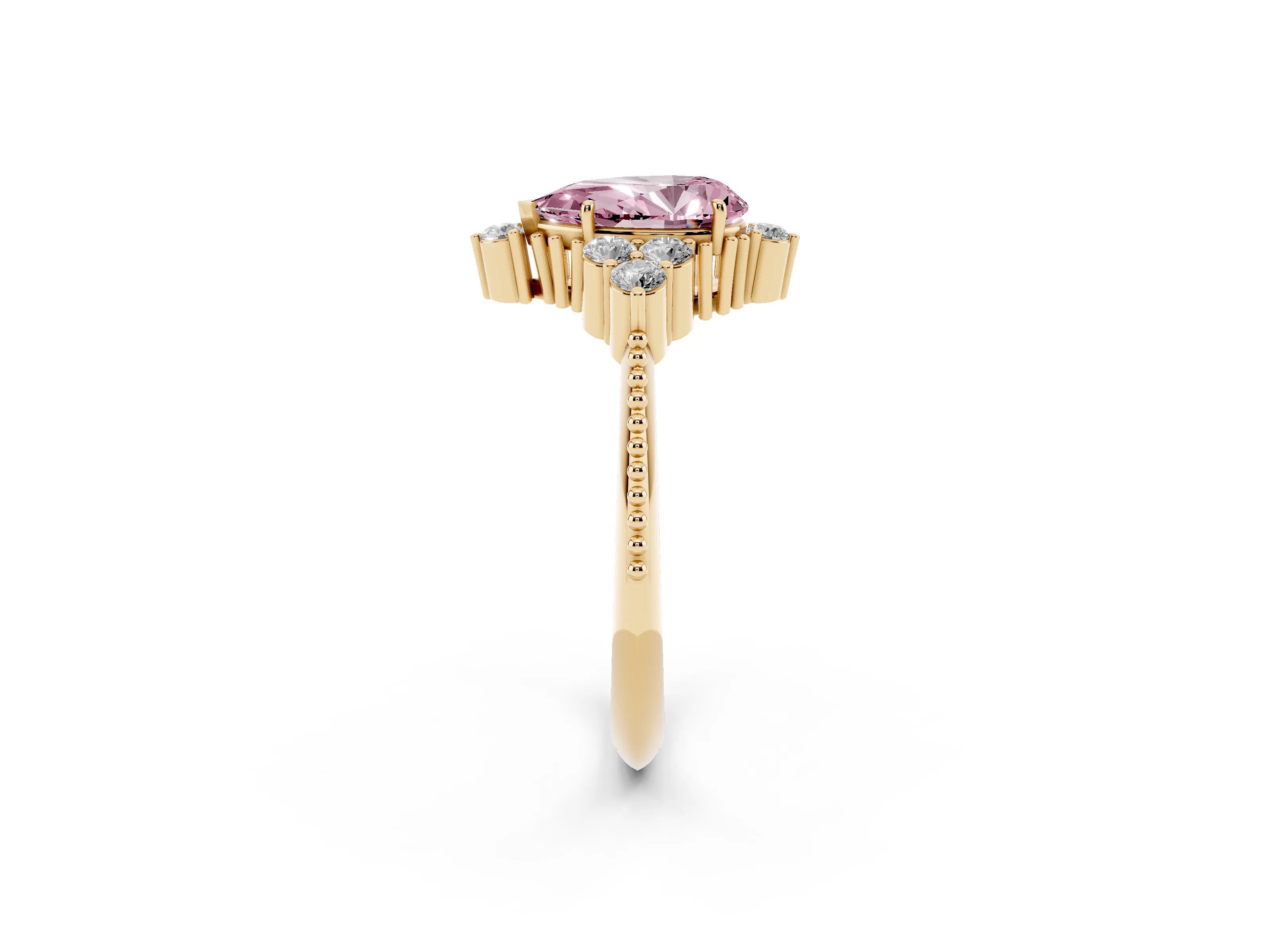 Fancy Pink Pear Cut Diamond Cluster Ring Set in Yellow gold with Beaded Band
