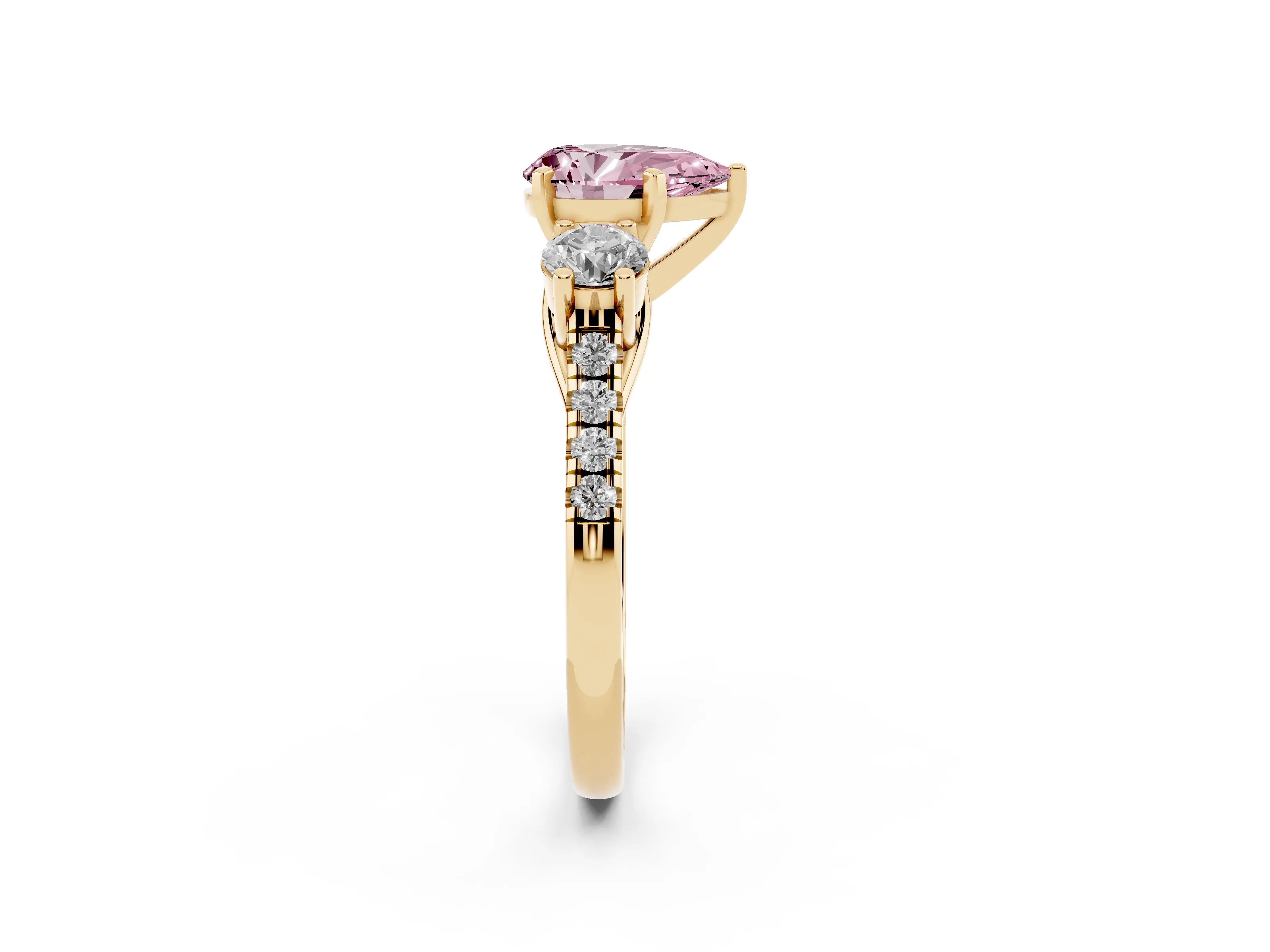 Fancy Pink Three-Stone Pear Cut Diamond Pavé Band Ring Set in Yellow gold with Prong-Set Trio