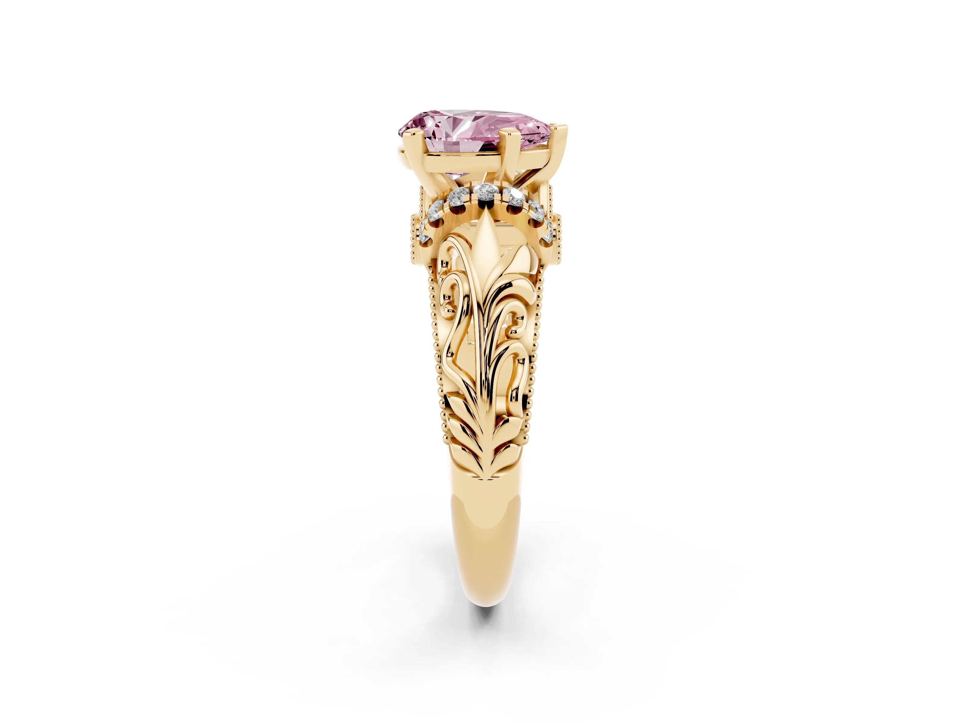 Fancy Pink Pear Cut Diamond Filigree Halo Engagement Ring Set in Yellow gold with Prong Setting