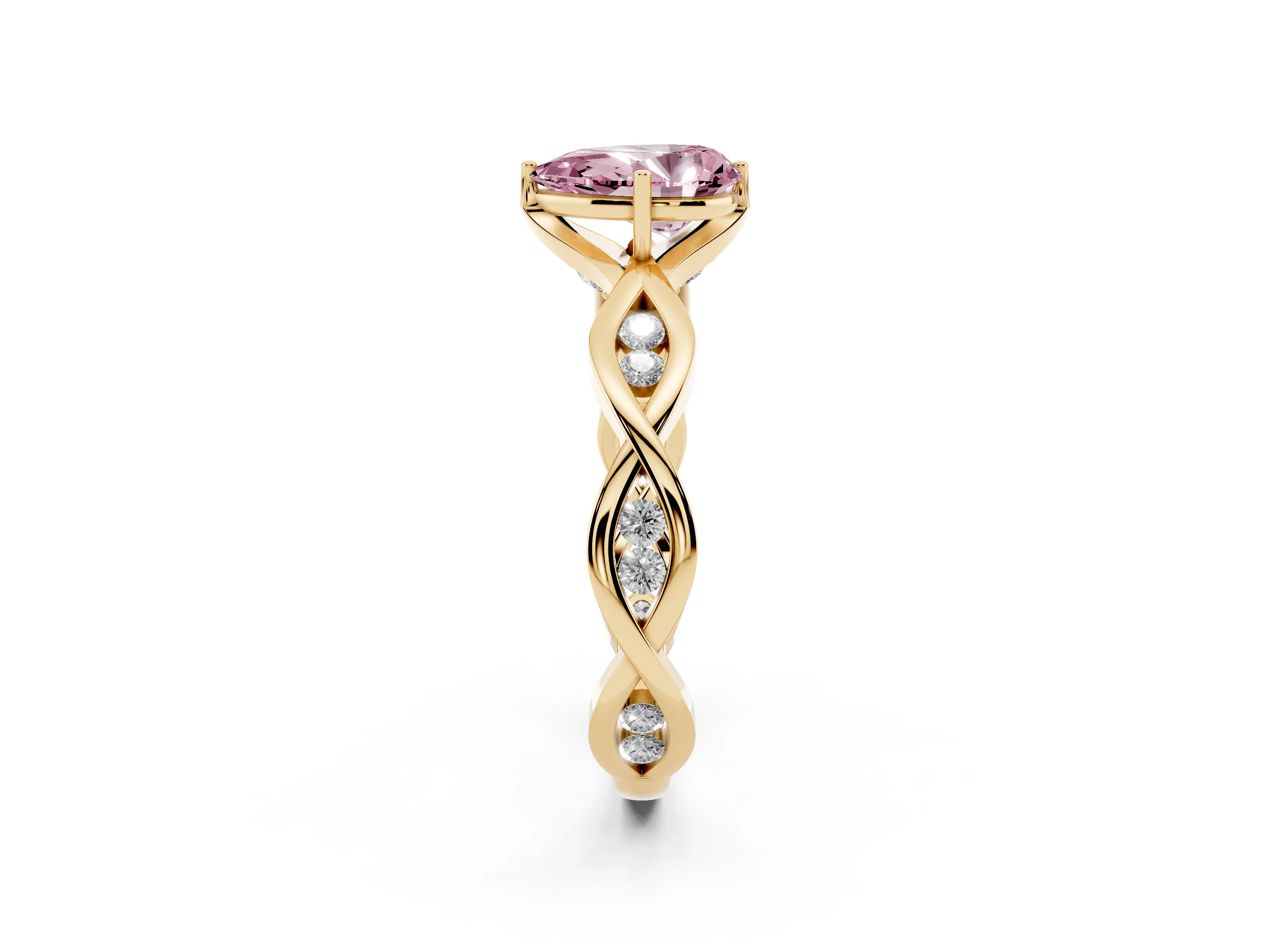 Fancy Pink Pear Cut Diamond Twist Band Solitaire Ring Set in Yellow gold with Leaf Prong Setting and Accent Stones