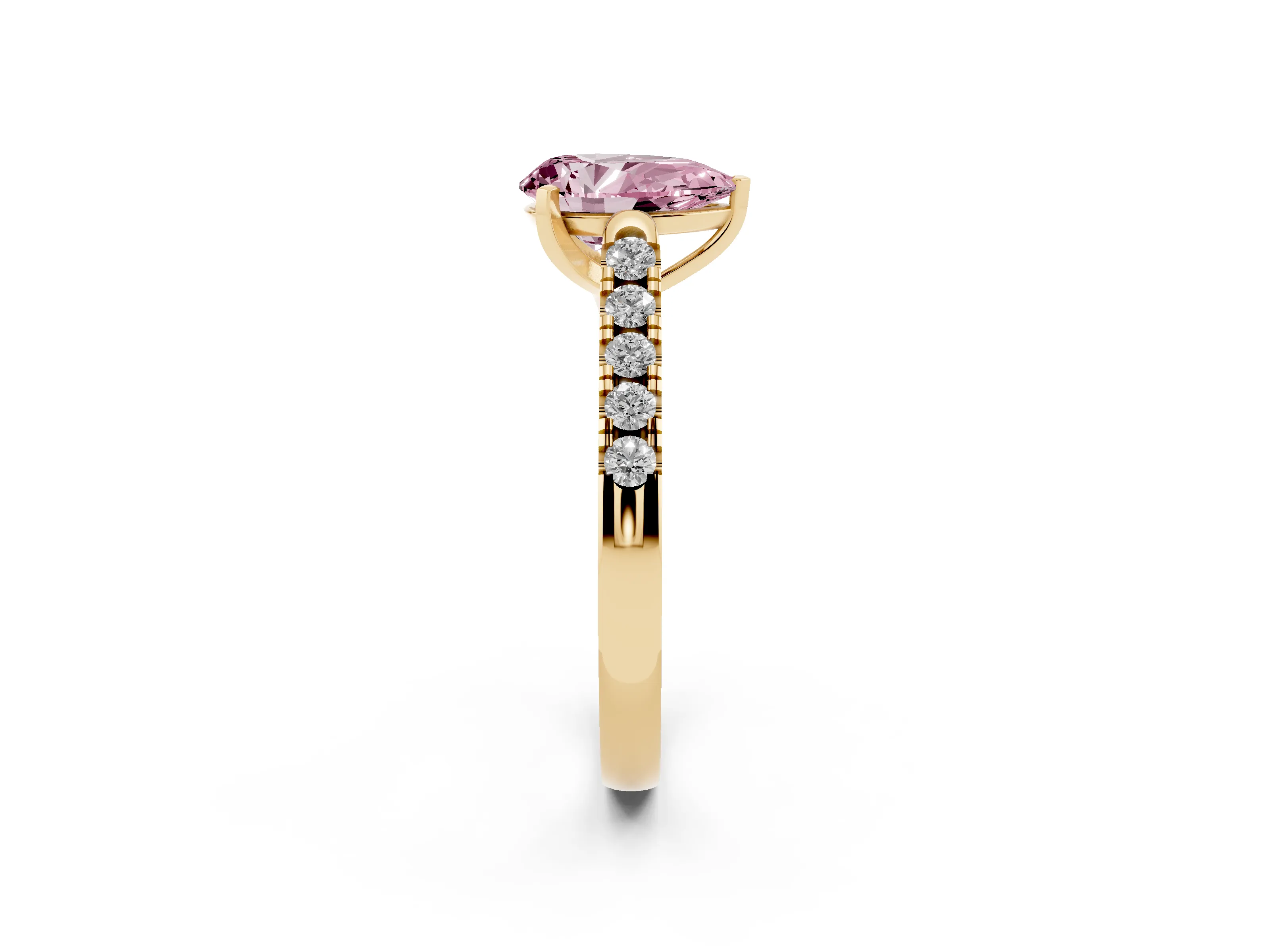 Fancy Pink Pear Cut Diamond Pavé Band Solitaire Ring Set in Yellow gold with Partway Accent Stones and Prong Setting