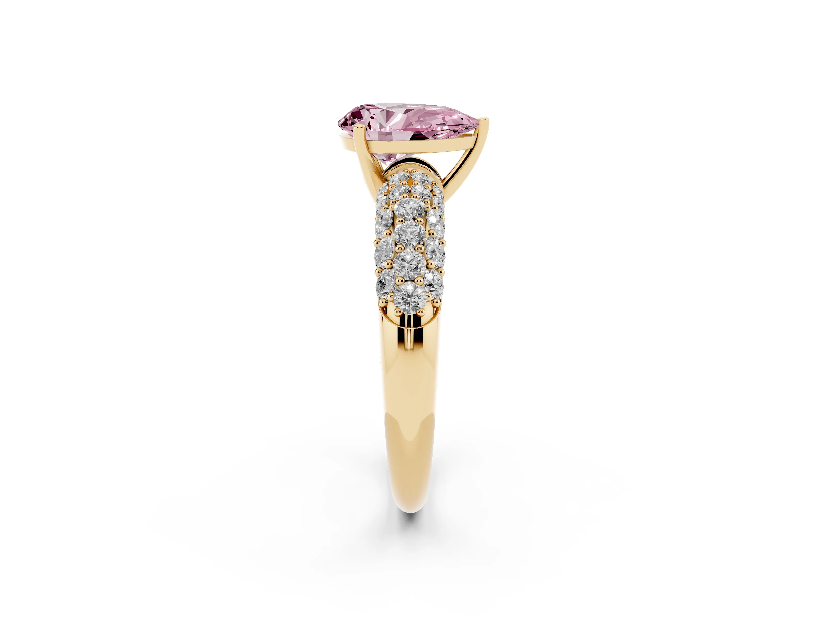 Fancy Pink Pear Cut Diamond Pavé Band Solitaire Ring Set in Yellow gold with Close-Set Accent Stones and Prong Setting