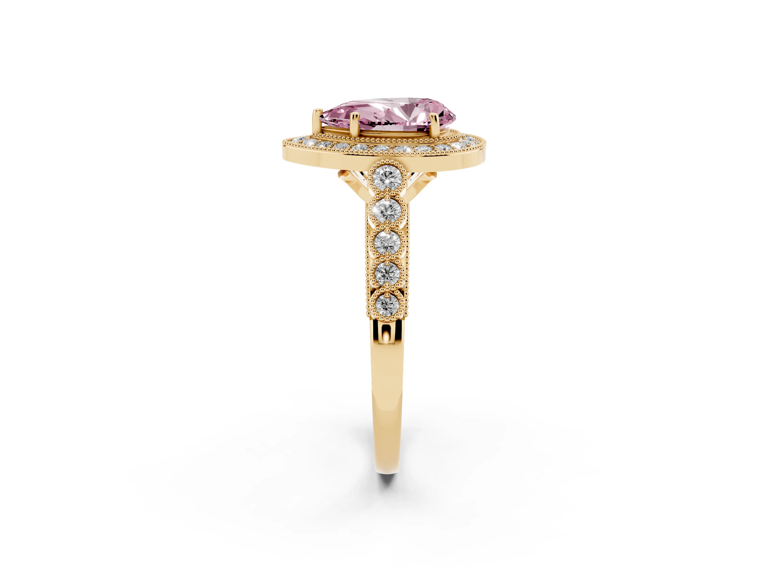 Fancy Pink Pear Cut Diamond Milgrain Halo Solitaire Ring Set in Yellow gold with Bezel Set Side Stones and Pavé Band