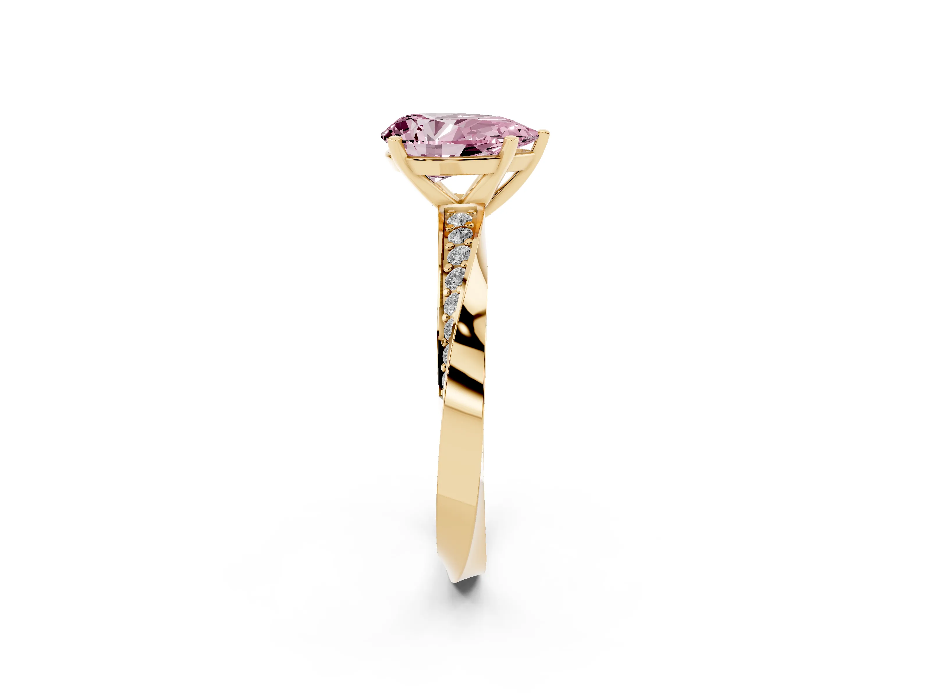 Fancy Pink Pear Cut Diamond Engagement Ring Set in Yellow gold with Side Stone Accents and Prong Setting