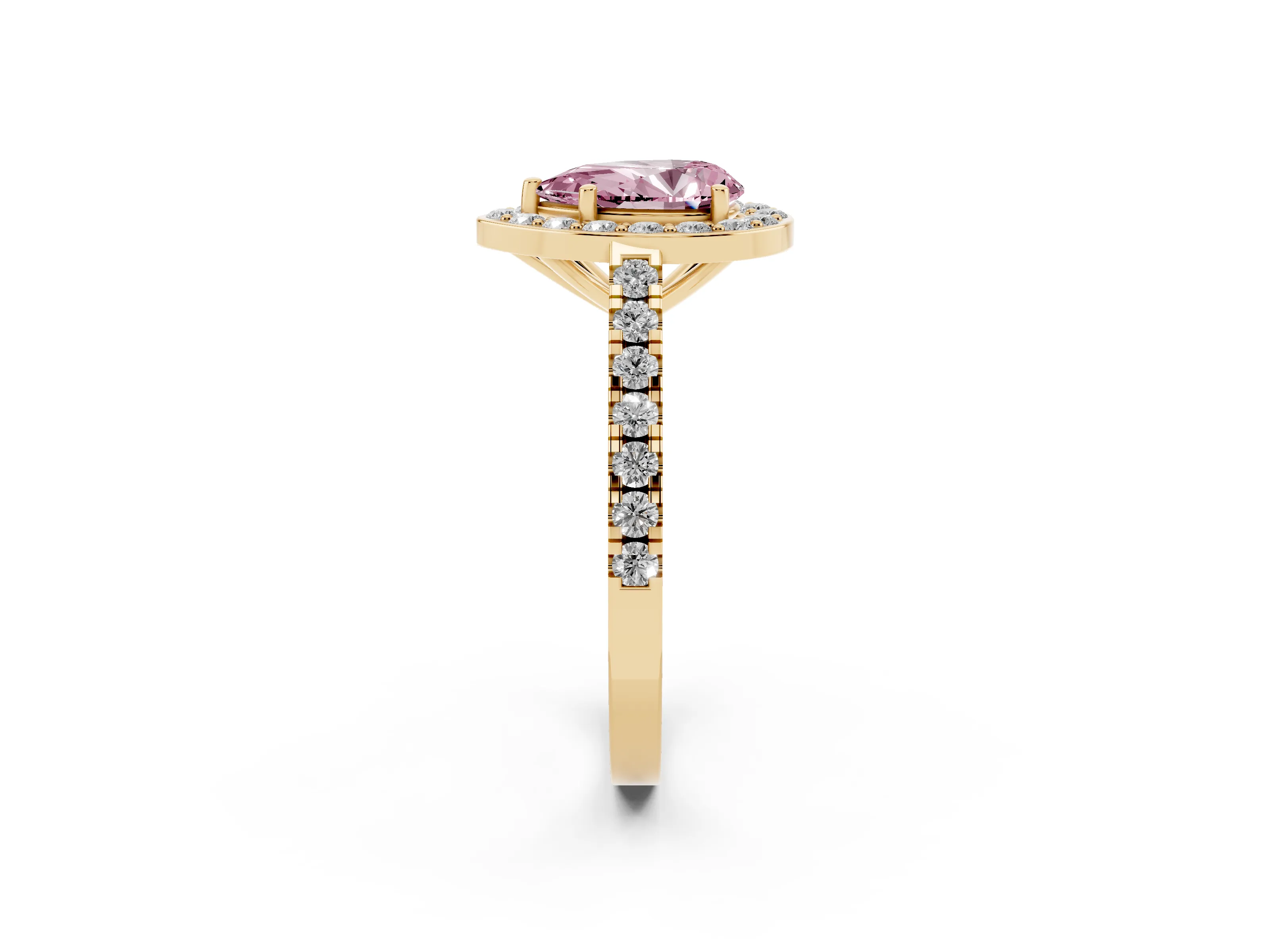 Fancy Pink Pear Cut Diamond Halo Ring Set in Yellow gold with Round Pavé Split Shank and Prong Setting