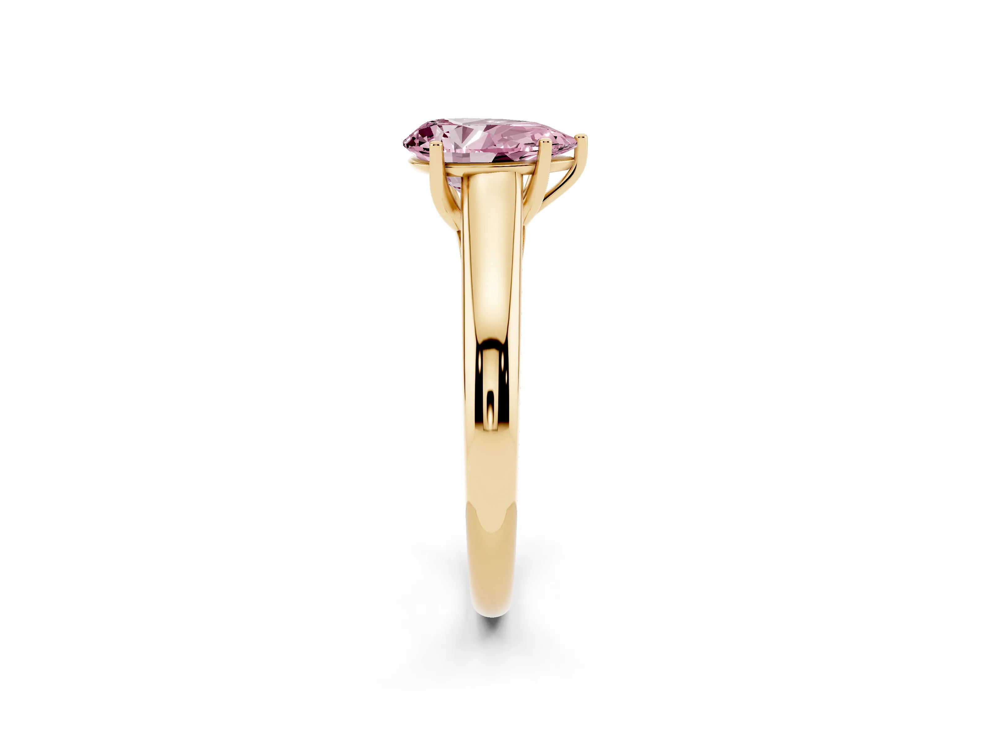 Fancy Pink Pear Cut Diamond Solitaire Engagement Ring Set in Yellow gold with Subtly Tapered Band and Prong Setting
