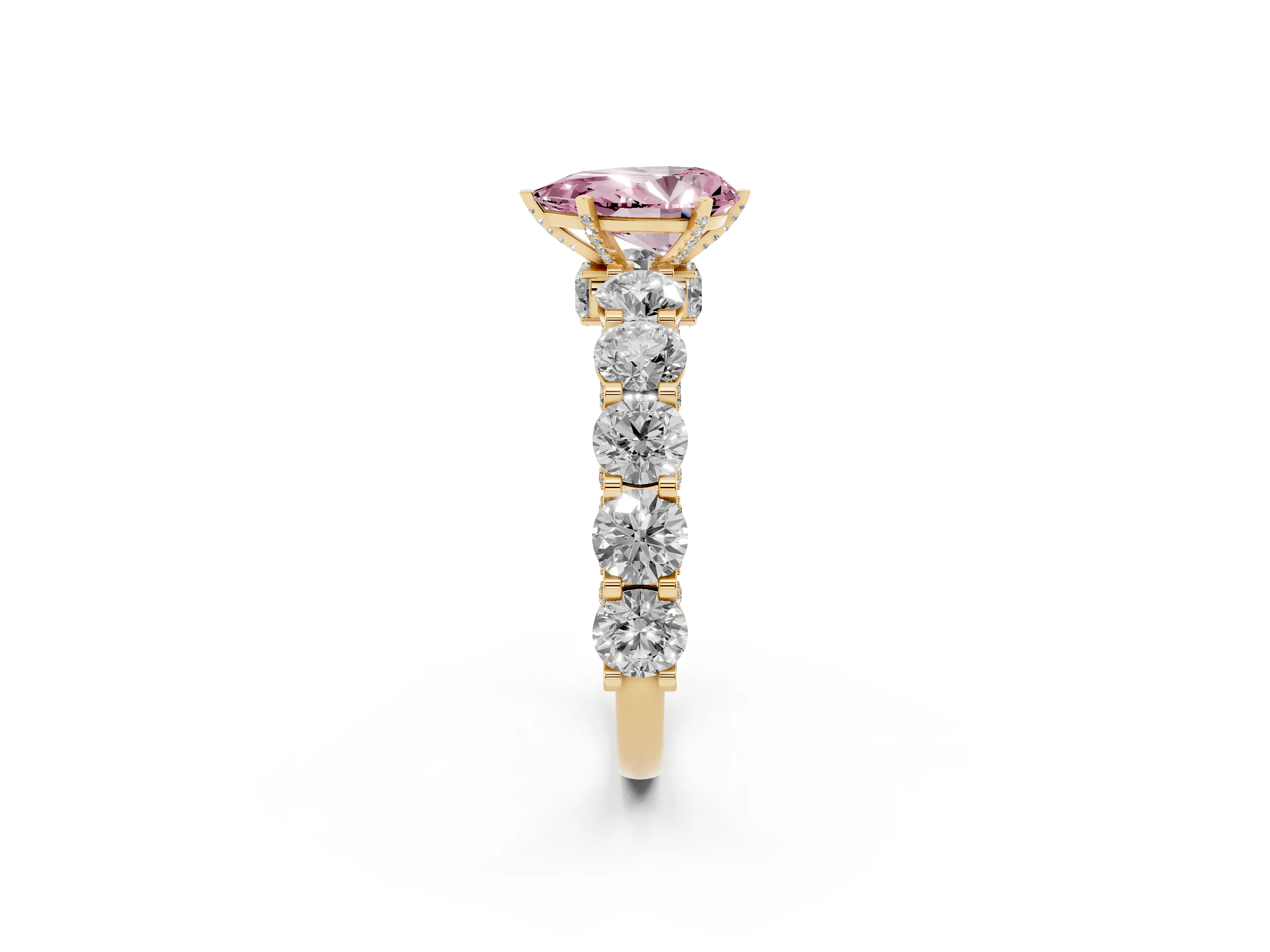 Fancy Pink Pear Cut Diamond Side Stone Ring Set in Yellow gold with Alternating Round and Oval Side Stones