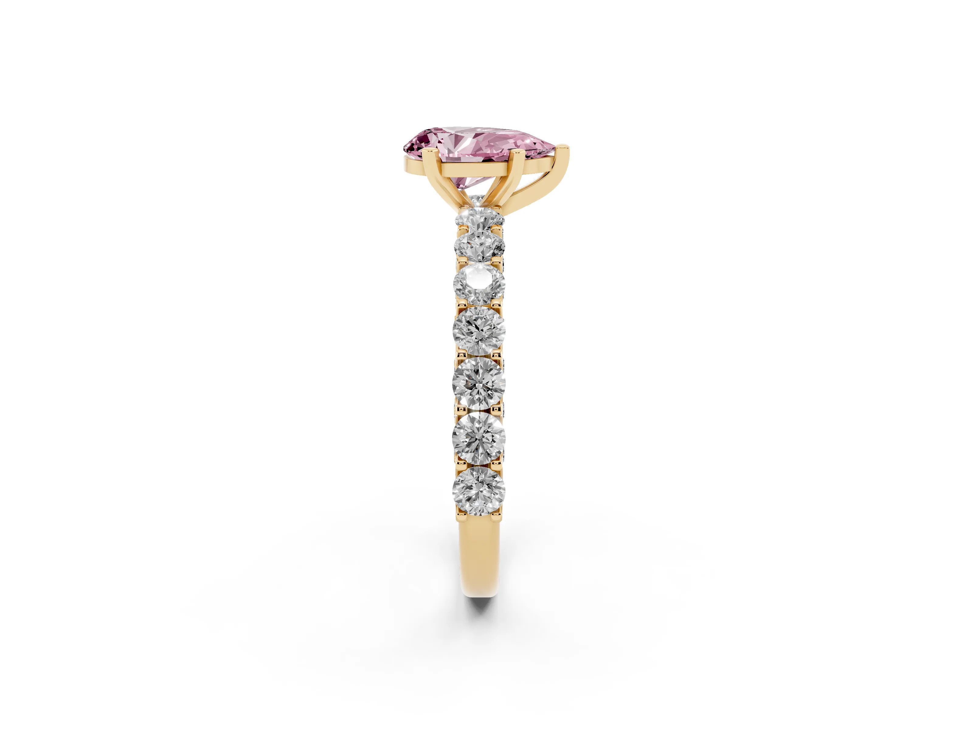 Fancy Pink Pear Cut Diamond Solitaire Ring Set in Yellow gold with Shared Prong Pavé Band