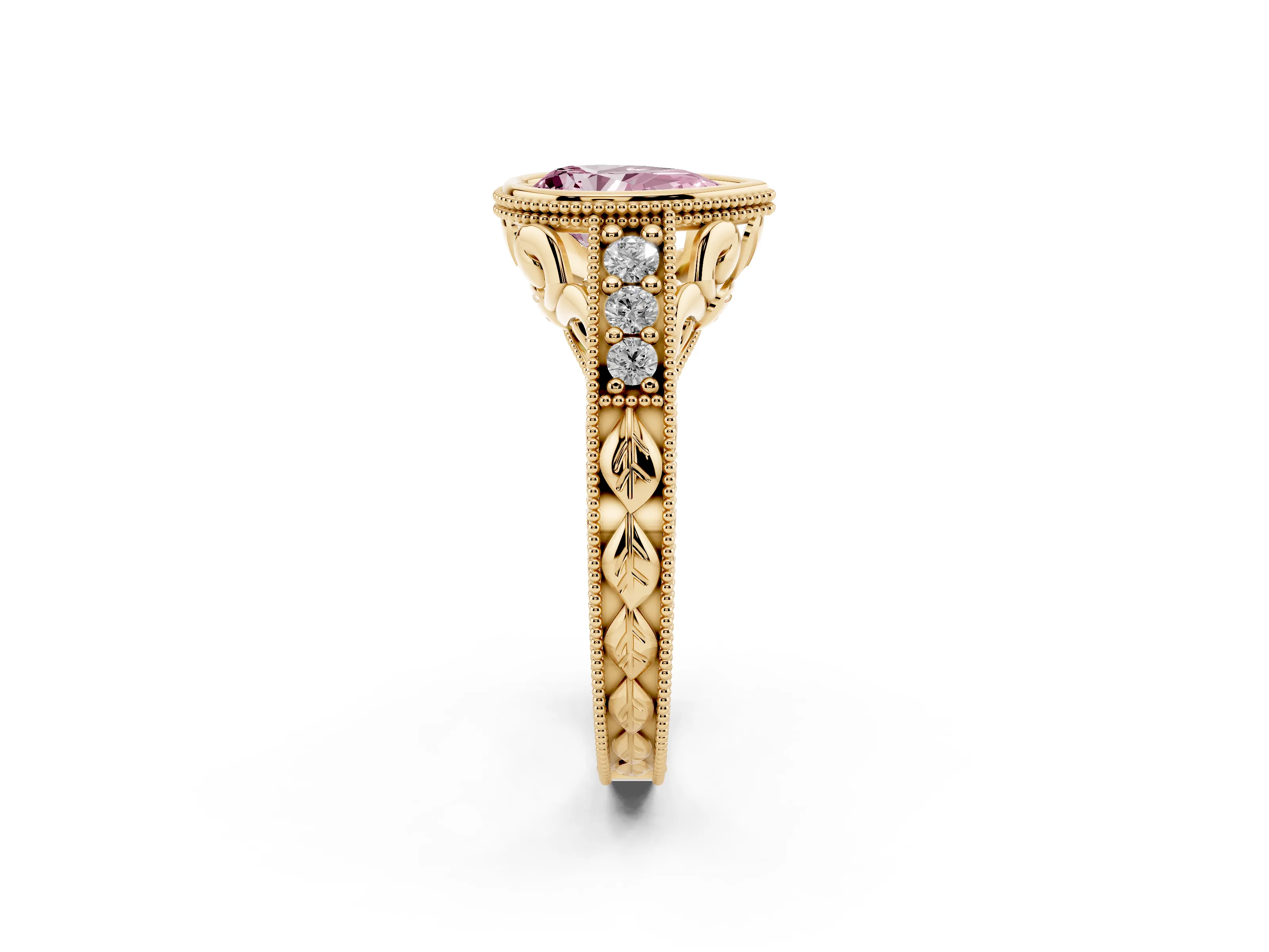 Fancy Pink Bezel Set Pear Cut Diamond Milgrain Pavé Engagement Ring Set in Yellow gold