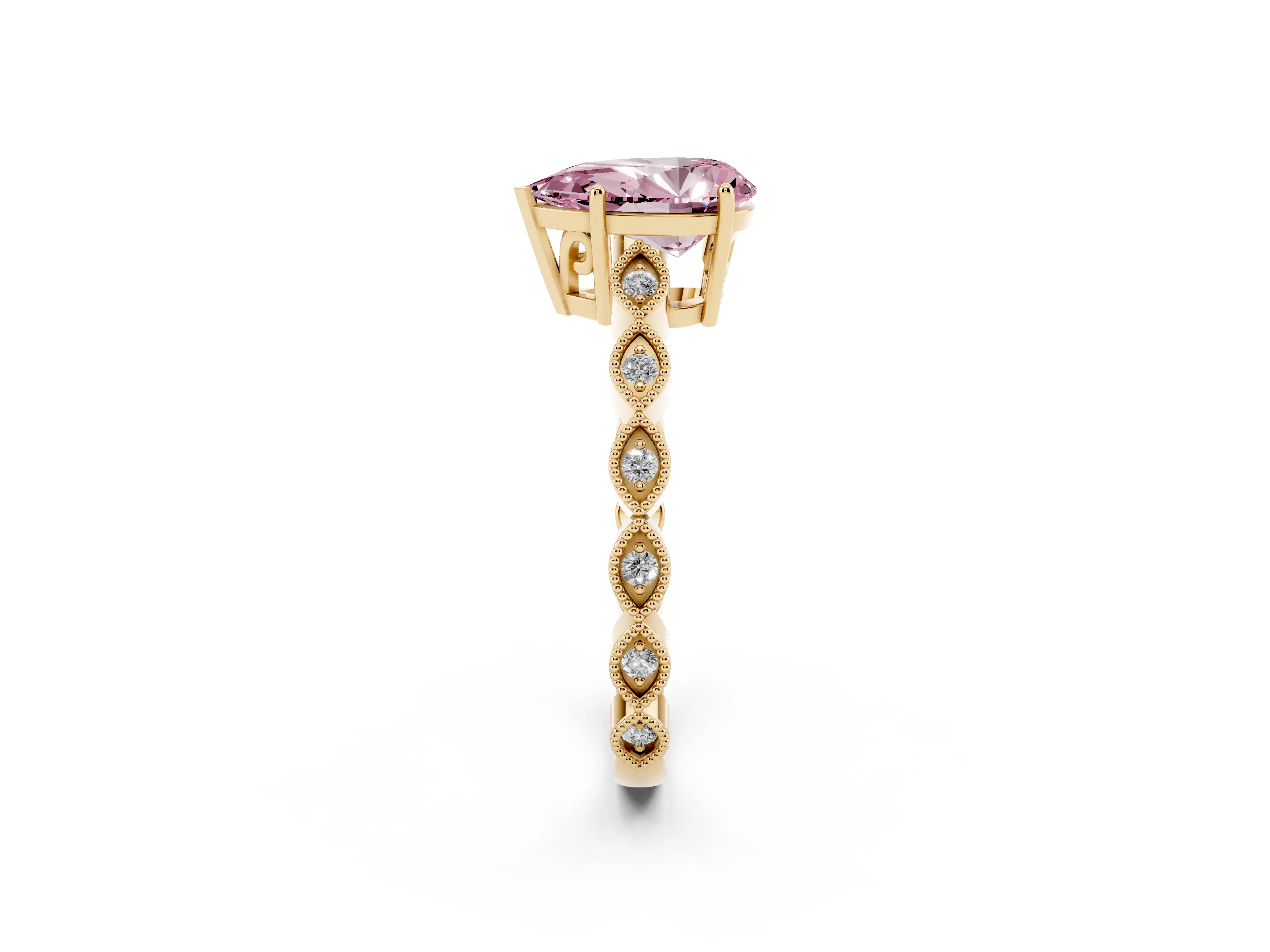 Fancy Pink Pear Cut Diamond Solitaire Ring Set in Yellow gold with Infinity Twist Pavé Band