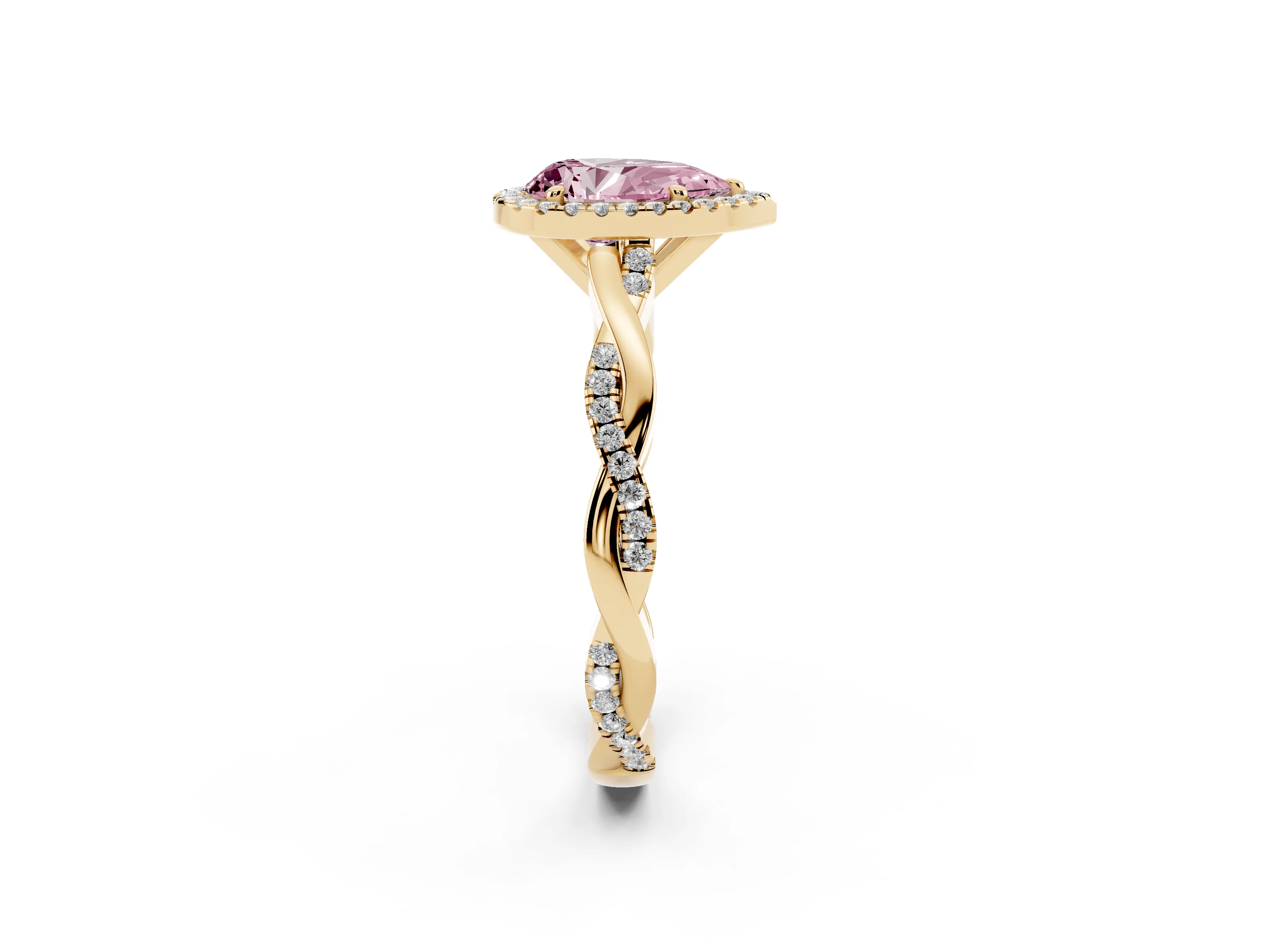 Fancy Pink Pear Cut Diamond Halo Twisted Band Ring Set in Yellow gold with Prong Setting