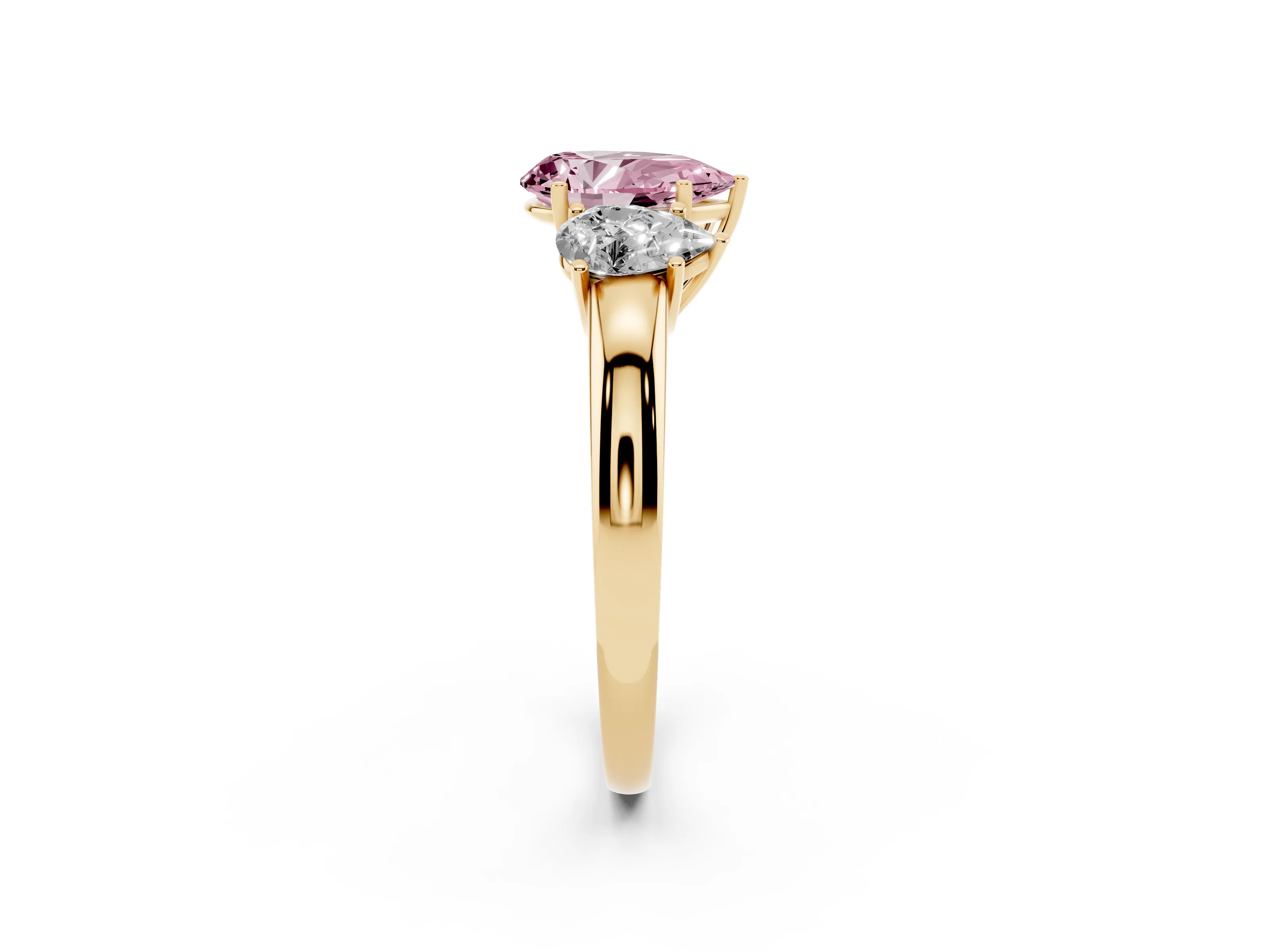 Fancy Pink Pear Cut Diamond Three-Stone Ring Set in Yellow gold with Bold Center and Classic Band
