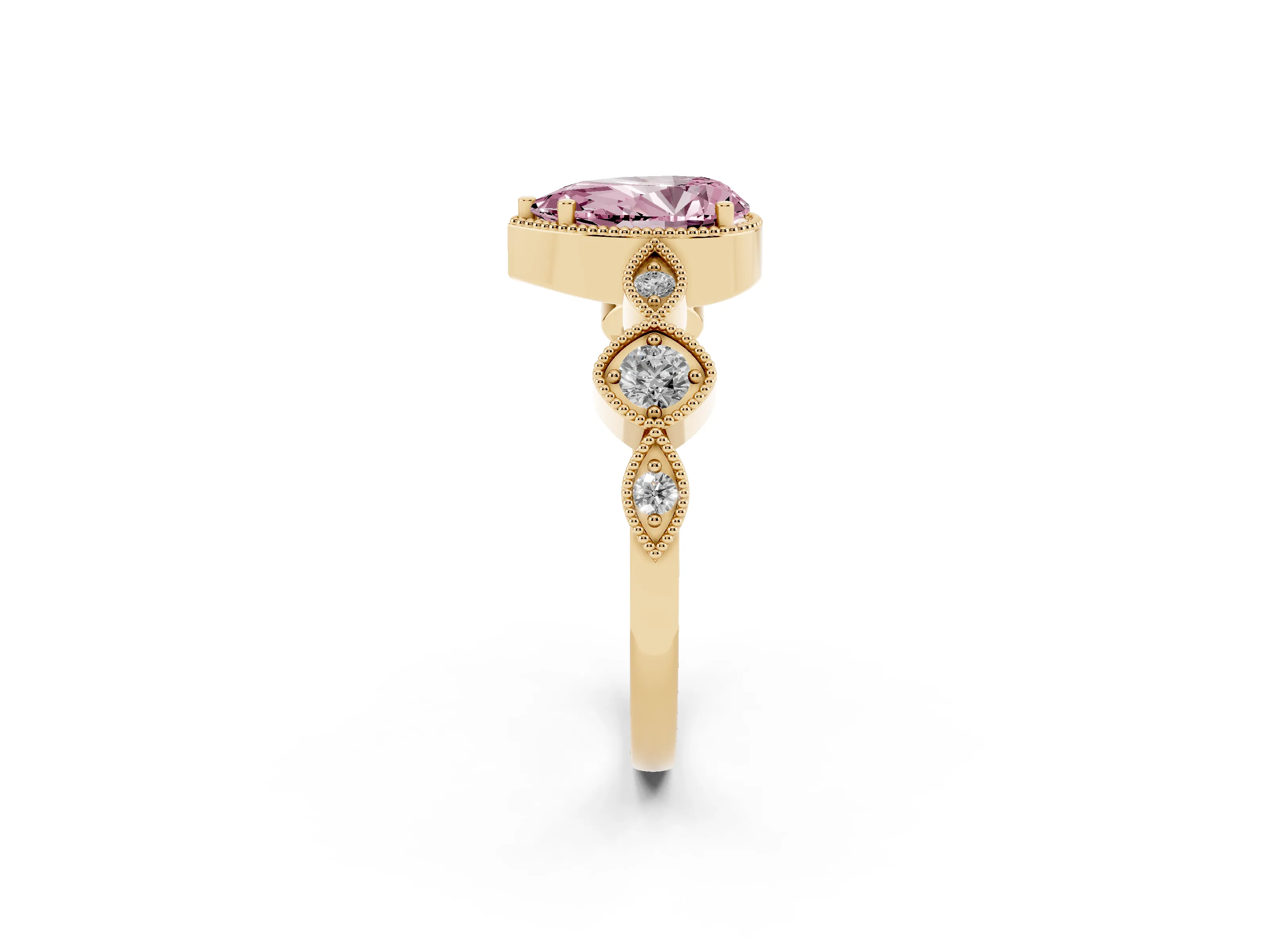 Fancy Pink Pear Cut Diamond Vintage-Inspired Milgrain Ring Set in Yellow gold with Marquise Stations of Round Accents