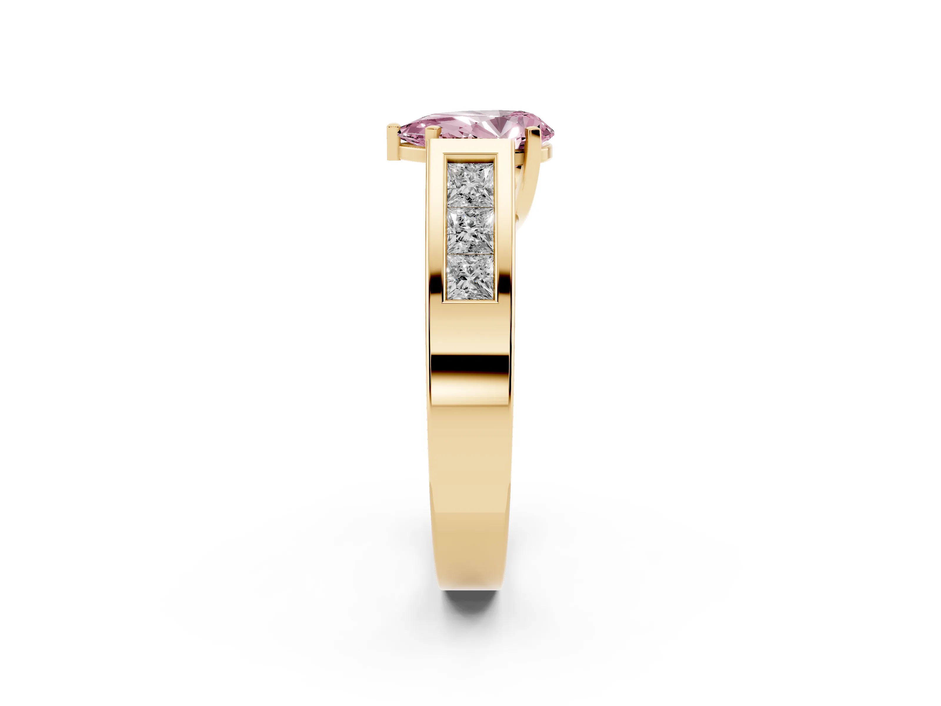 Fancy Pink Pear Cut Diamond Solitaire Ring Set in Yellow gold with Channel-Set Accent Stones and Prong Setting