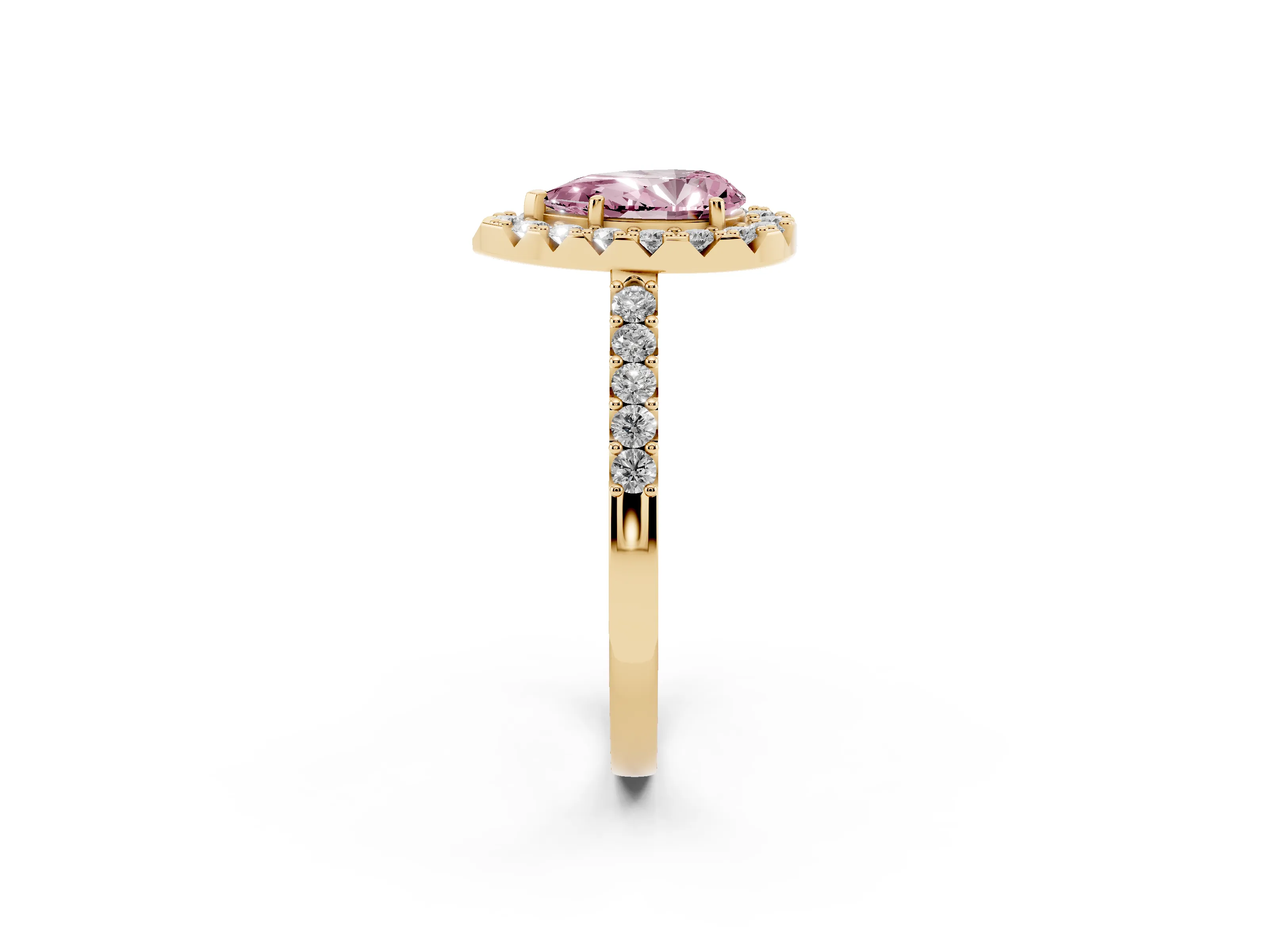 Fancy Pink Pear Cut Diamond Halo Pavé Solitaire Ring Set in Yellow gold with Prong-Set Center Stone