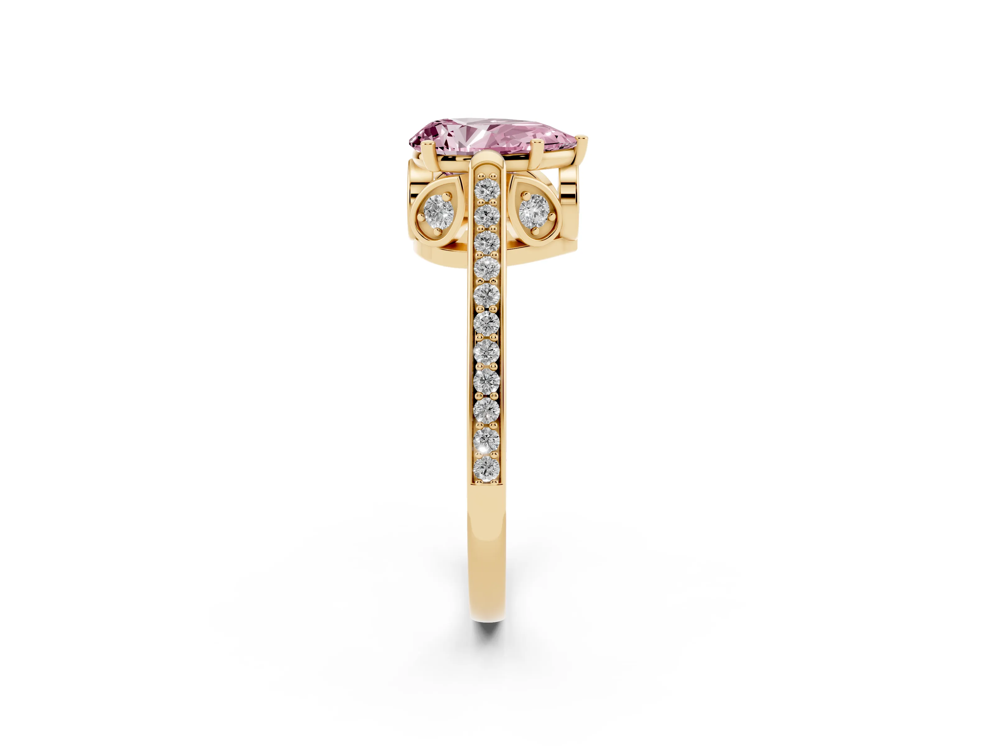 Fancy Pink Pear Cut Diamond Cathedral Pavé Engagement Ring Set in Yellow gold with Prong Setting