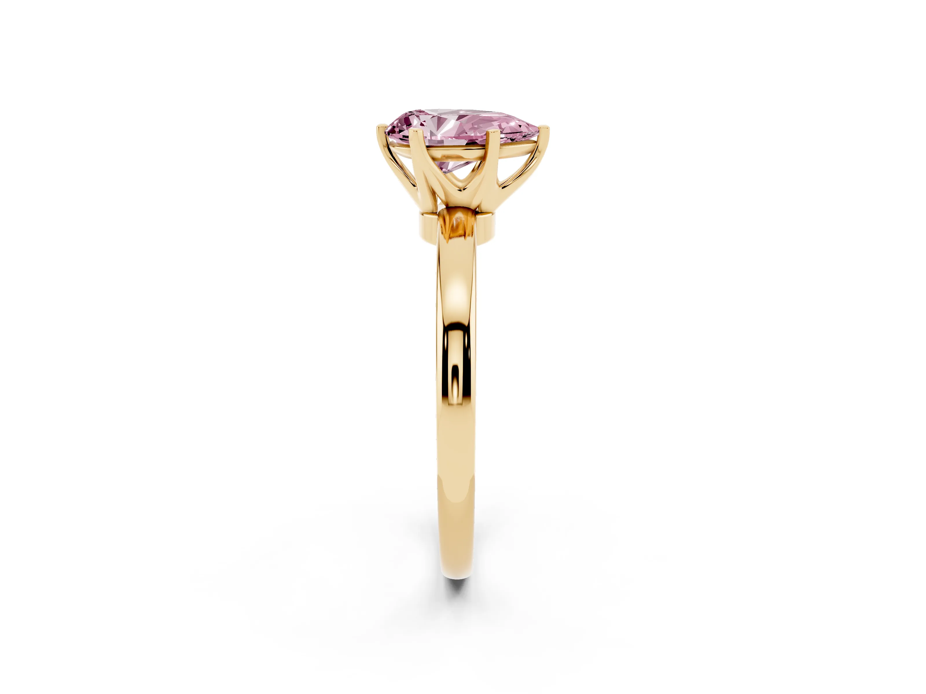 Fancy Pink Pear Cut Diamond Solitaire Ring Set in Yellow gold with Raised Prong Setting on a Classic Band
