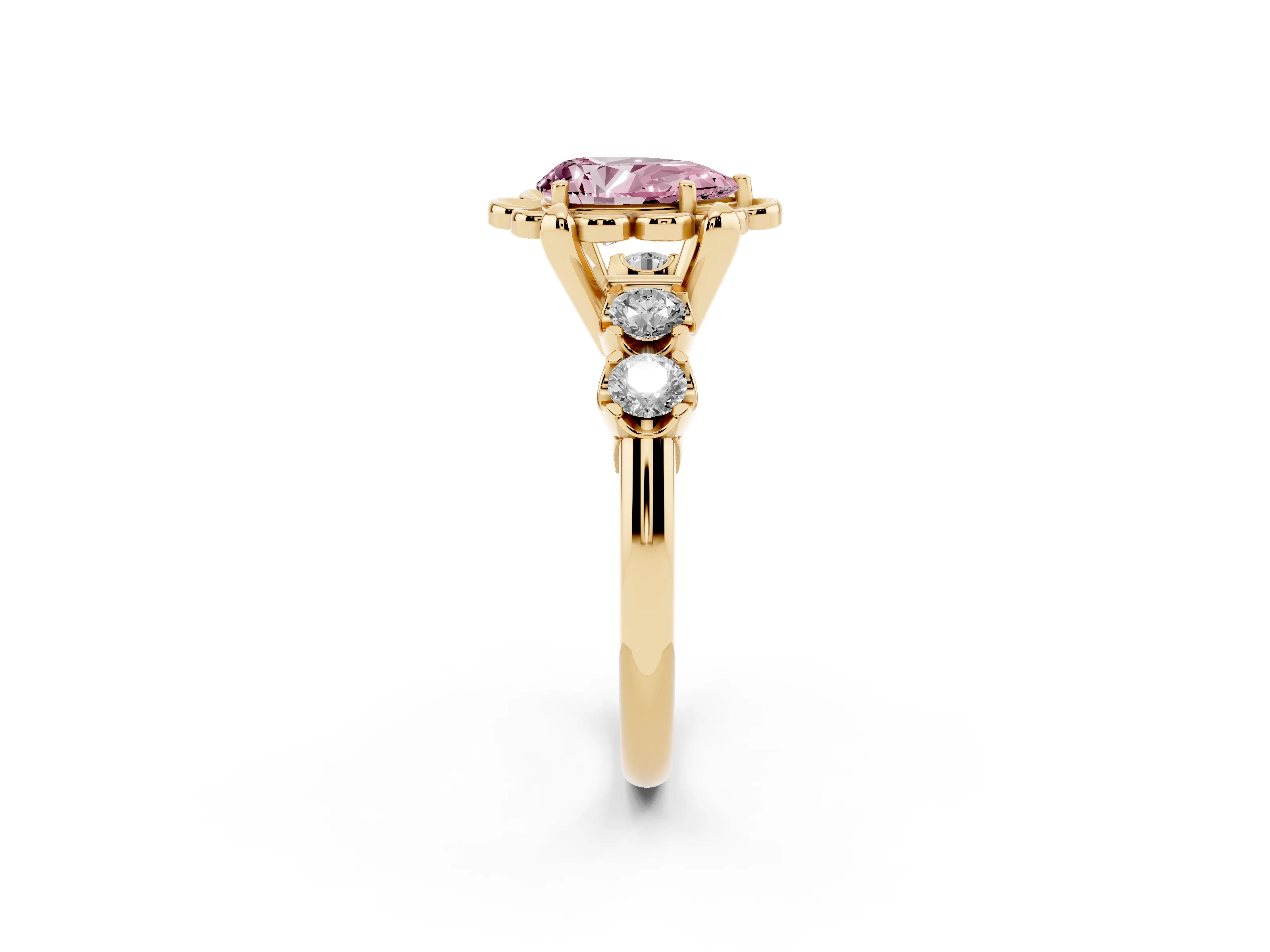 Fancy Pink Pear Cut Diamond Floral Halo Ring Set in Yellow gold with Shared Prong Band