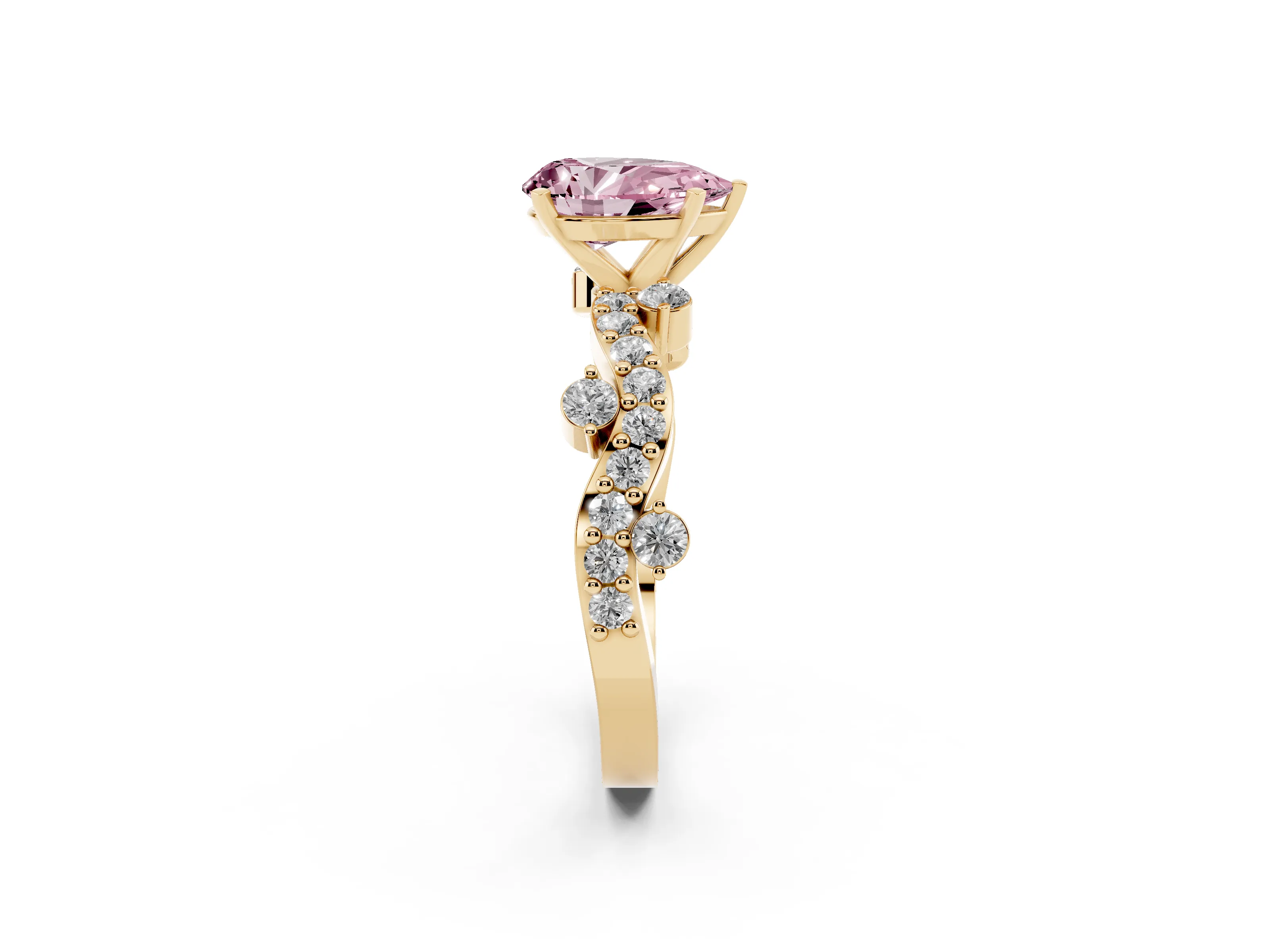 Fancy Pink Pear Cut Diamond Solitaire Twisted Band Set in Yellow gold with Pavé Setting
