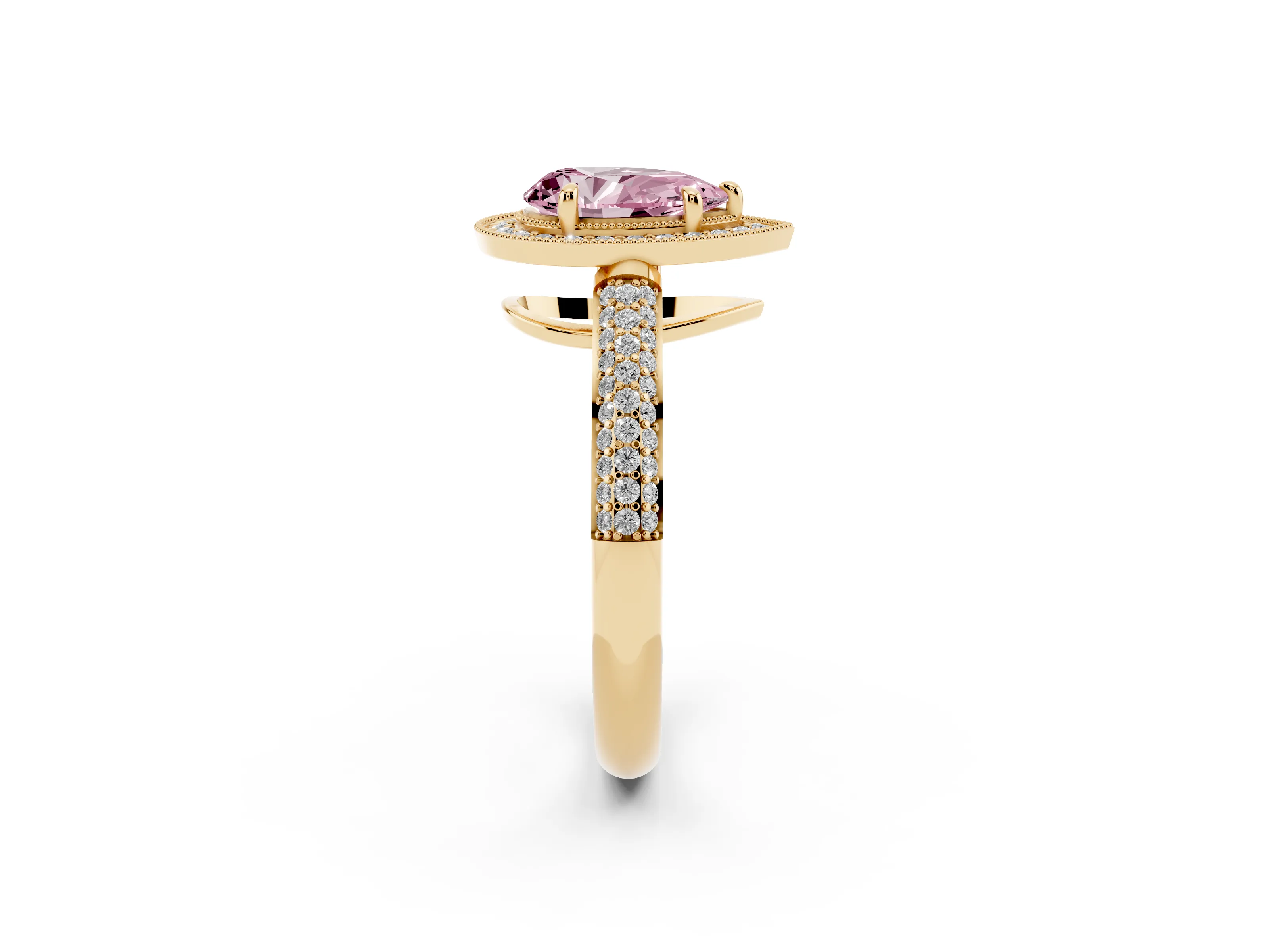 Fancy Pink Pear Cut Diamond Halo Pavé Band Set in Yellow gold with Prong Setting