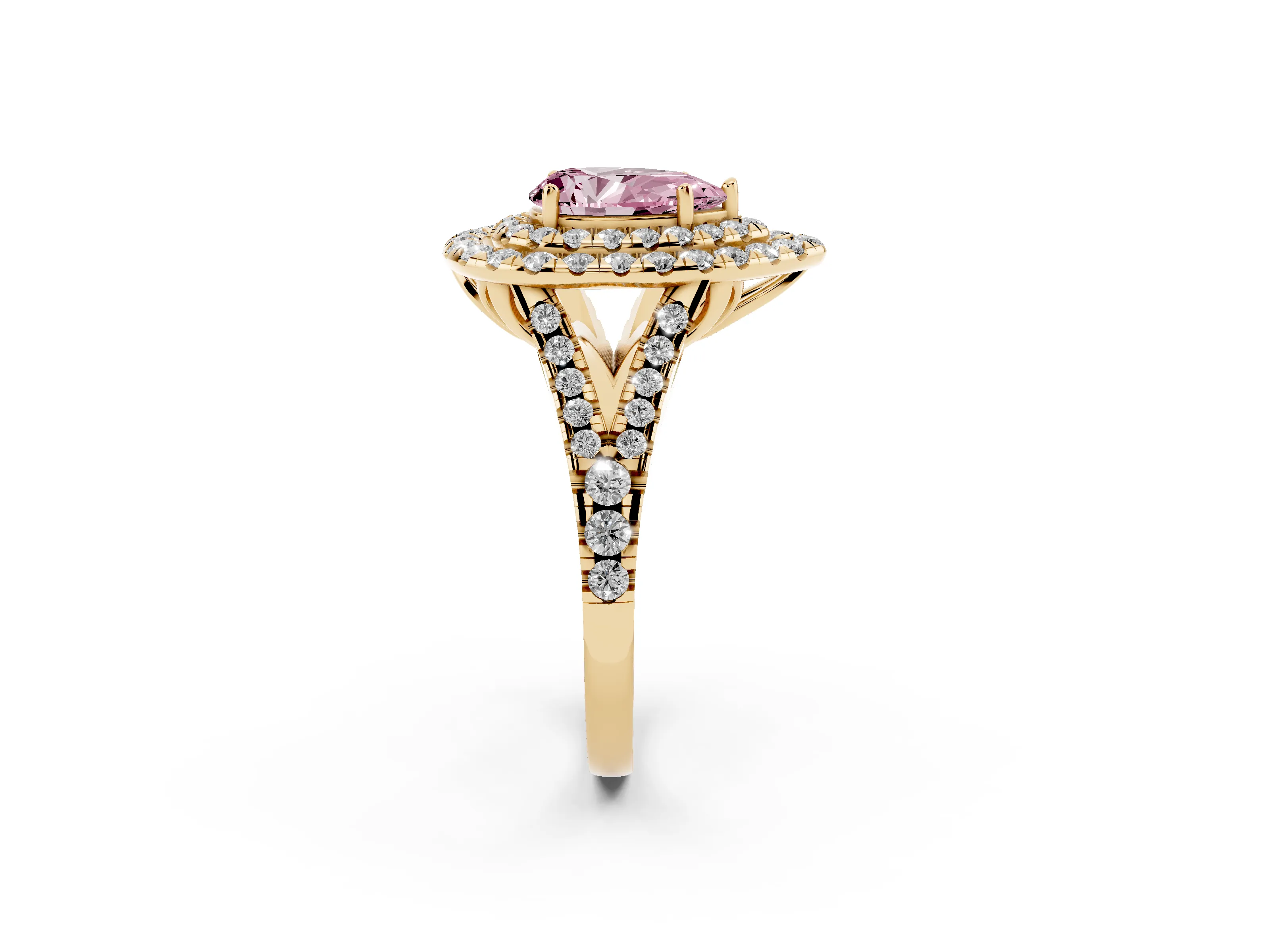 Fancy Pink Pear Cut Diamond Double Halo Ring Set in Yellow gold with Pavé Split Shank and Prong Setting
