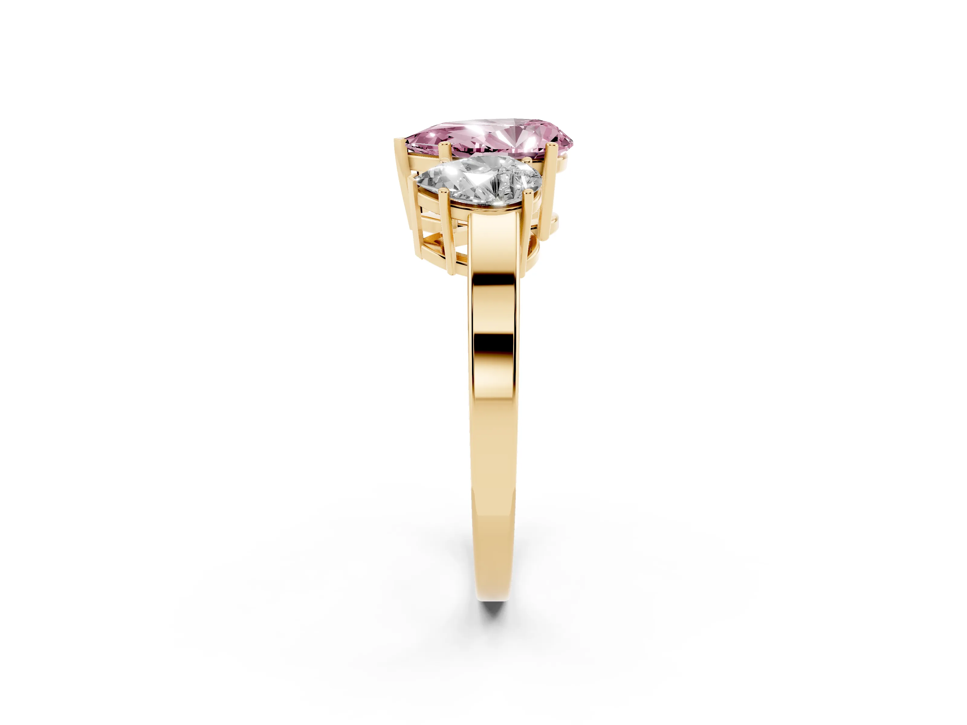 Fancy Pink Pear Cut Diamond Three-Stone Engagement Ring Set in Yellow gold with Flat Band