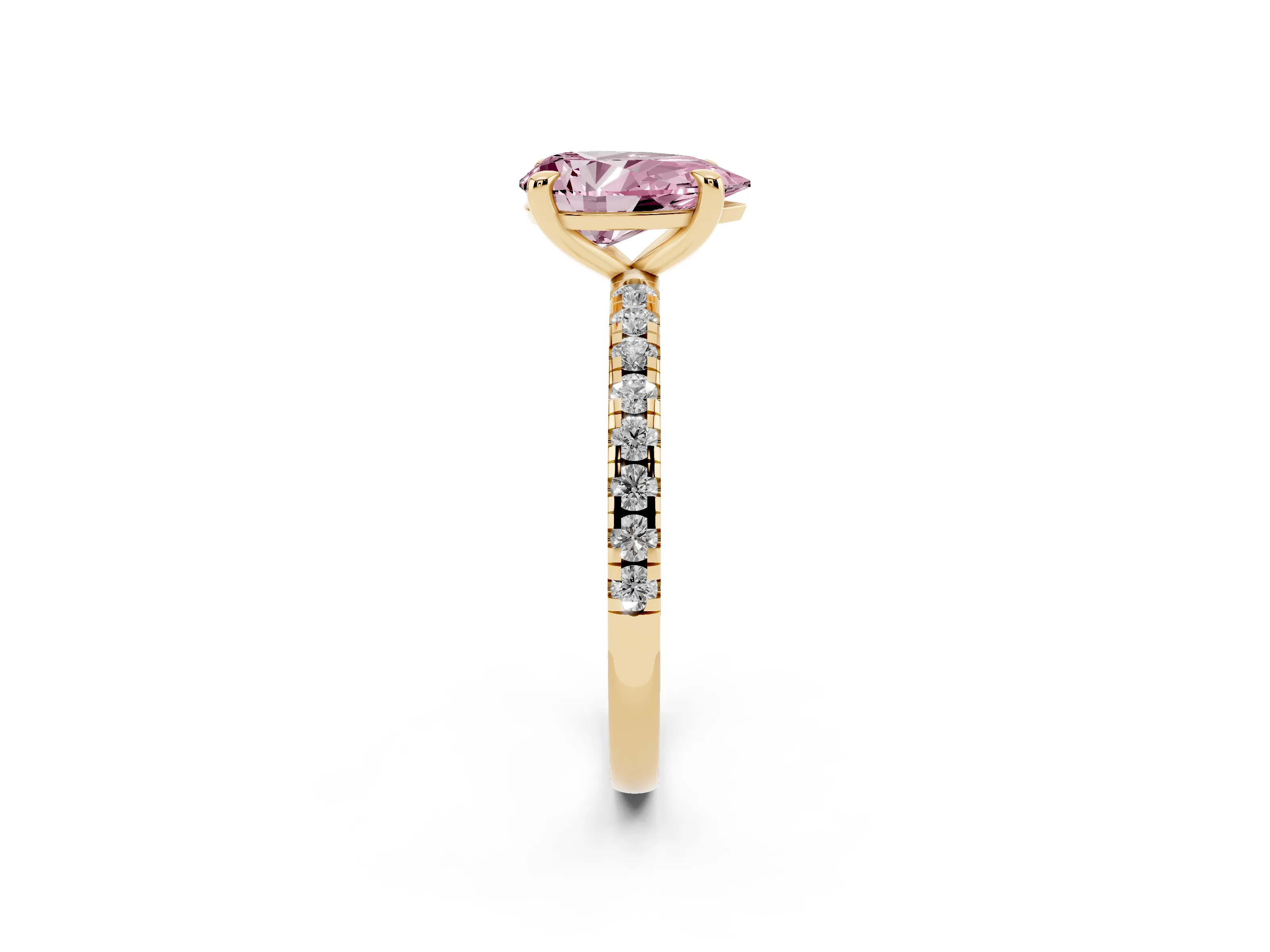 Fancy Pink Pear Cut Diamond Brilliant Solitaire Ring Set in Yellow gold with Pavé Band and Prong Setting