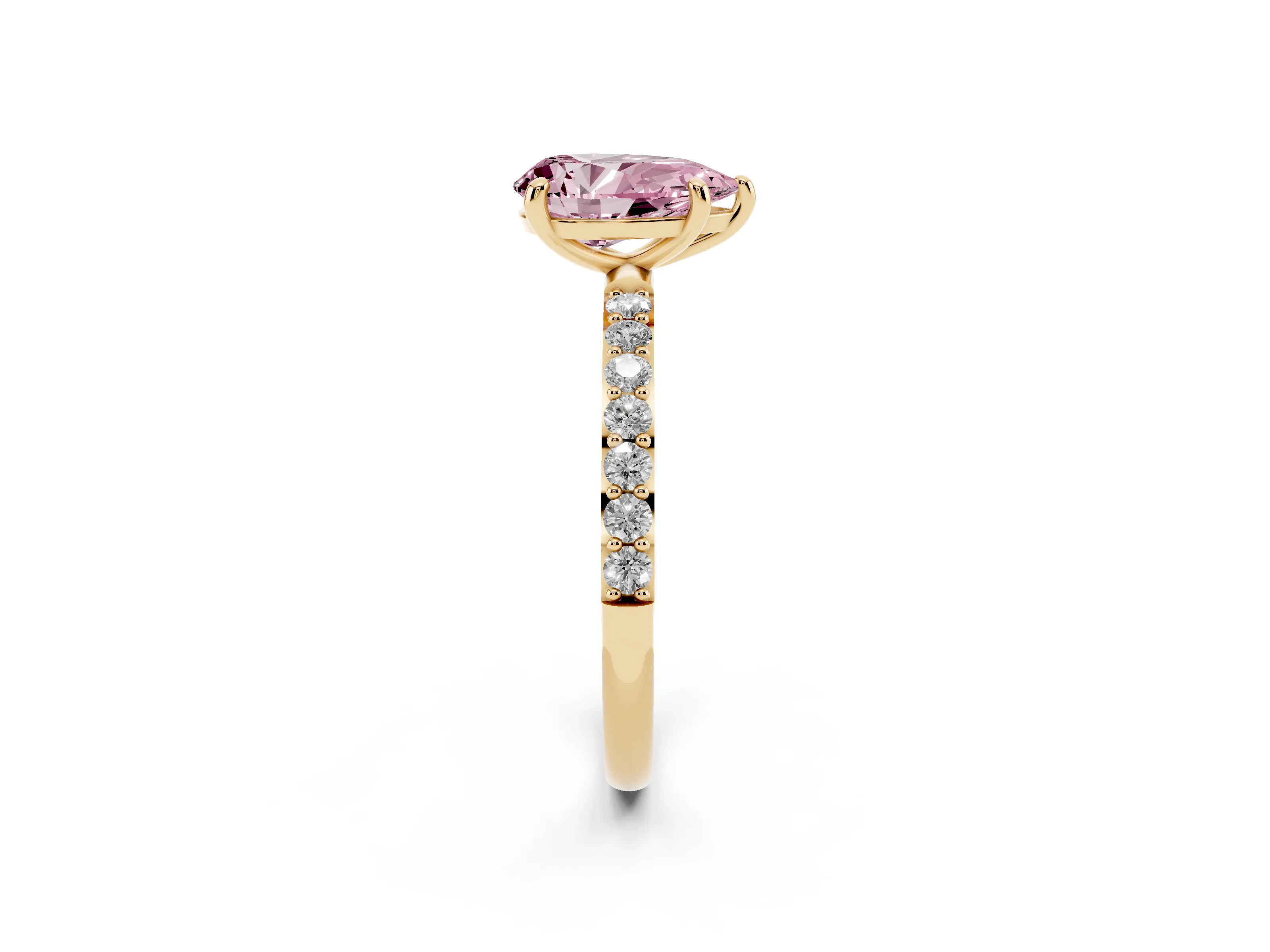 Fancy Pink Pear Cut Diamond Solitaire Ring Set in Yellow gold with Round Pavé Band and Prong Setting