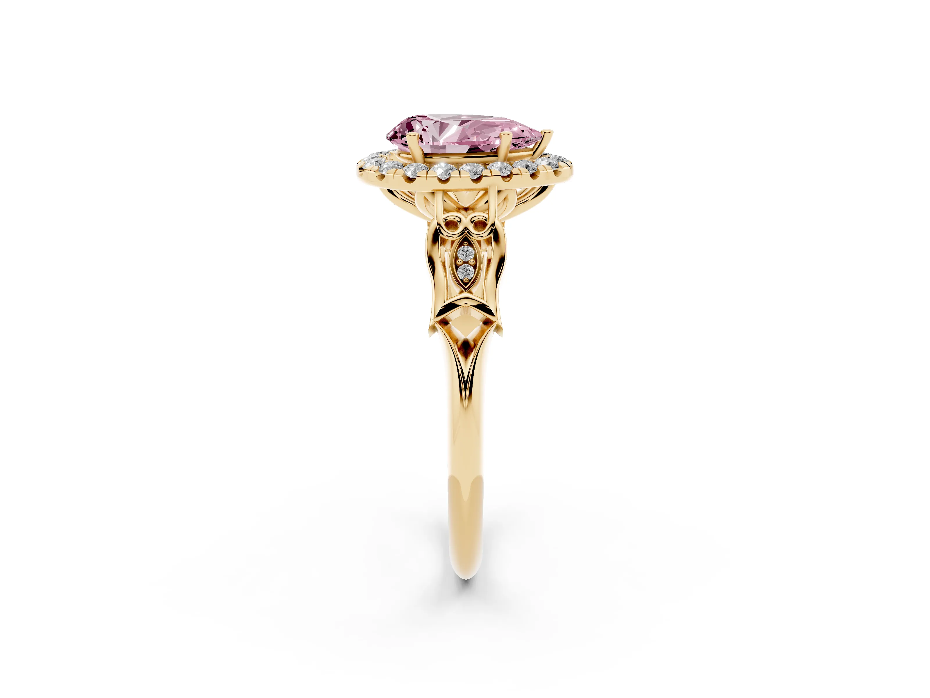 Fancy Pink Pear Cut Diamond Halo Engagement Ring Set in Yellow gold with Filigree Band and Prong-Set Center