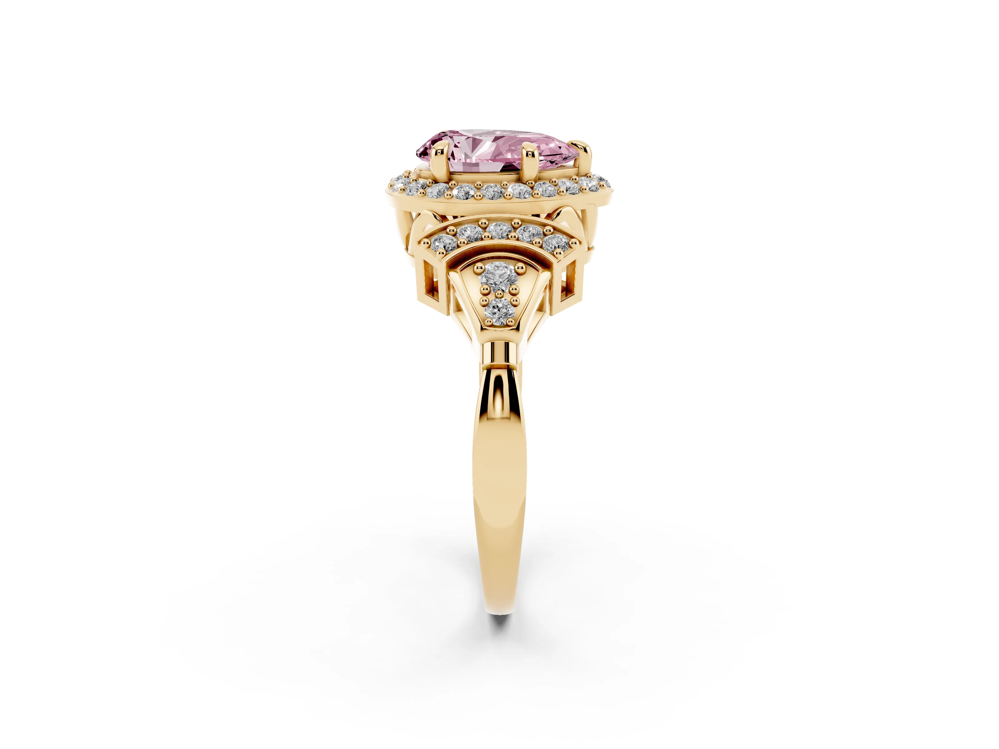 Fancy Pink Pear Cut Diamond Halo Engagement Ring Set in Yellow gold with Accent Stone Split Shank