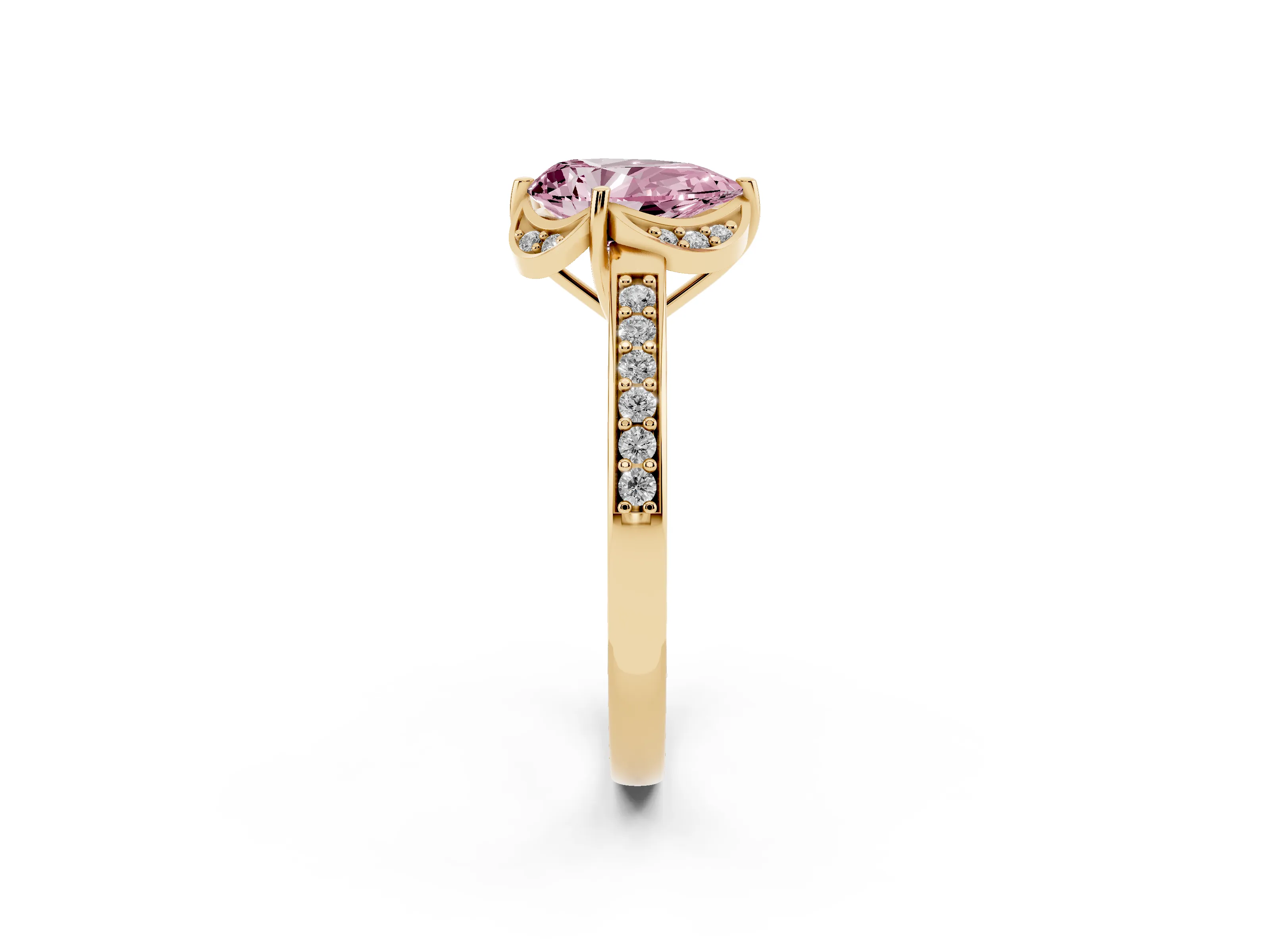 Fancy Pink Pear Cut Diamond Halo Ring Set in Yellow gold with Channel Set Band and Prong Setting