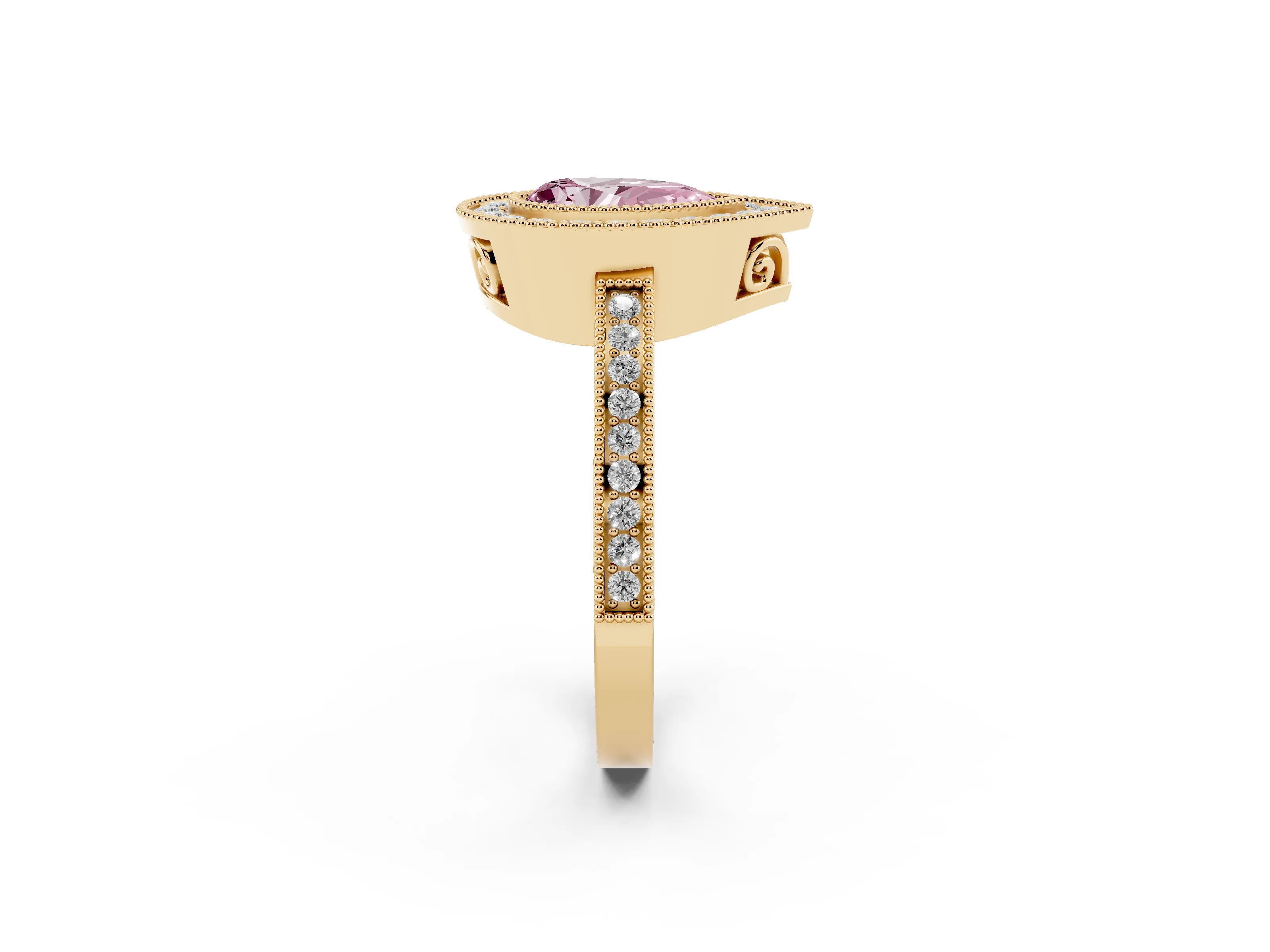 Fancy Pink Pear Cut Diamond Halo Ring Set in Yellow gold with Pavé Band and Milgrain-Edged Prongs