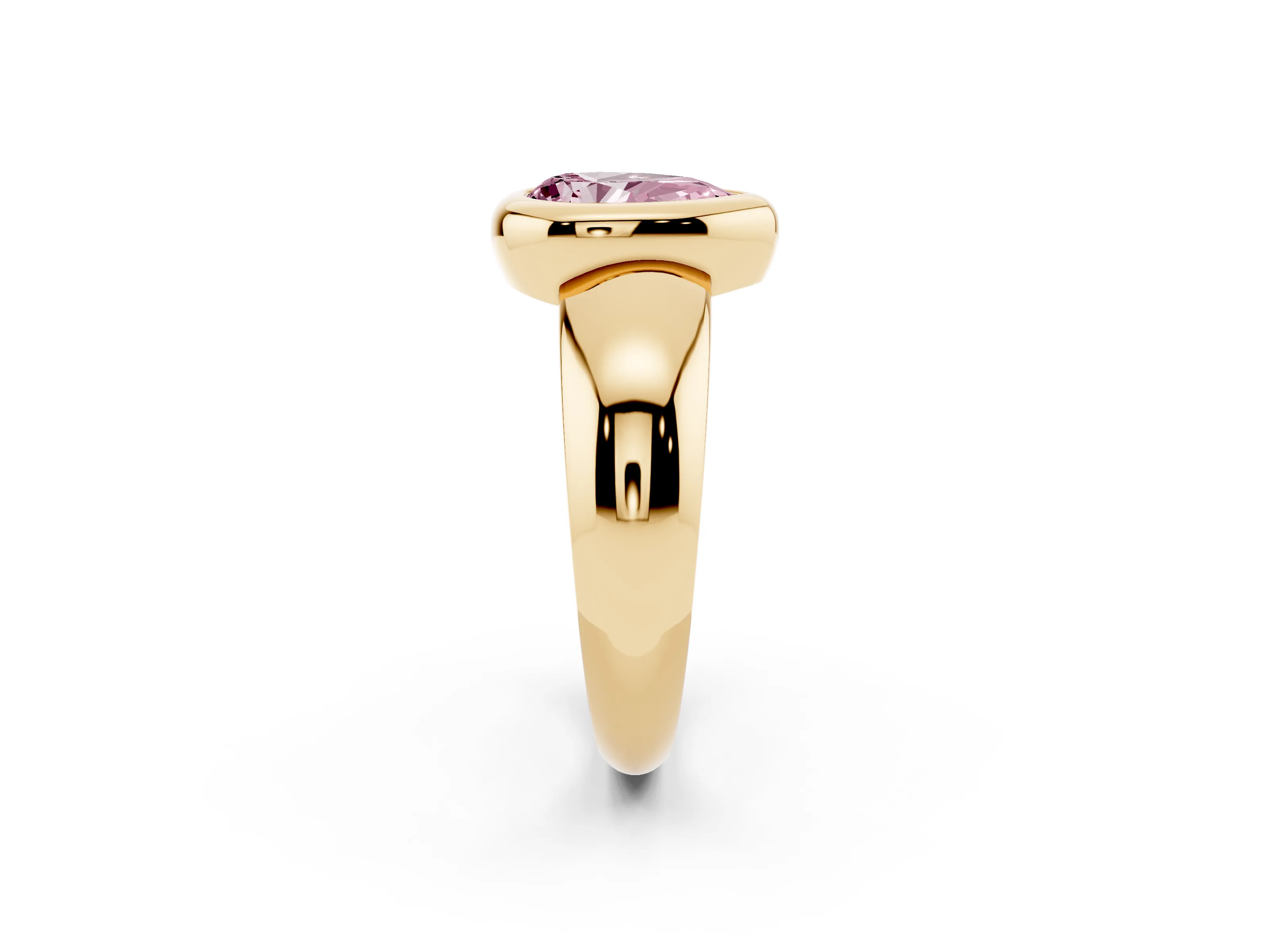 Fancy Pink Bezel Set Pear Cut Diamond Solitaire Ring Set in Yellow gold with Wide Band