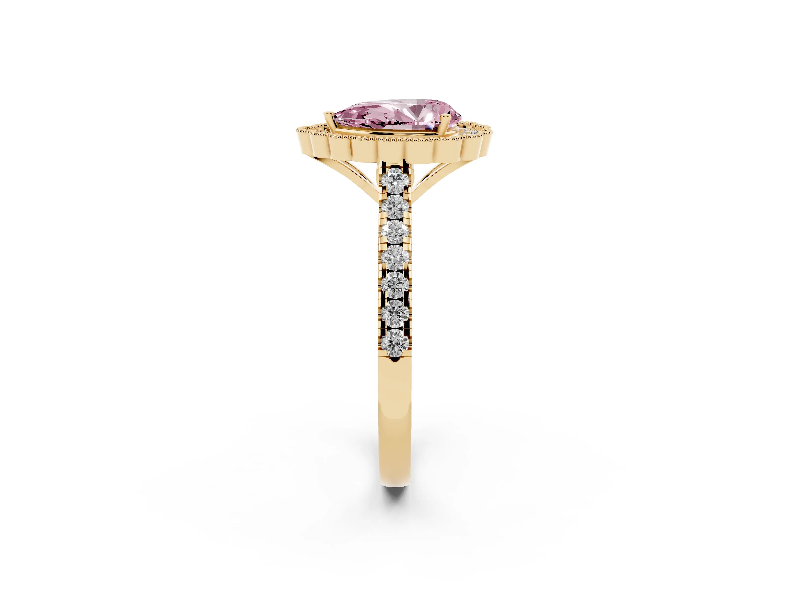 Fancy Pink Pear Cut Diamond Milgrain Floral Halo Engagement Ring Set in Yellow gold with Pavé Band