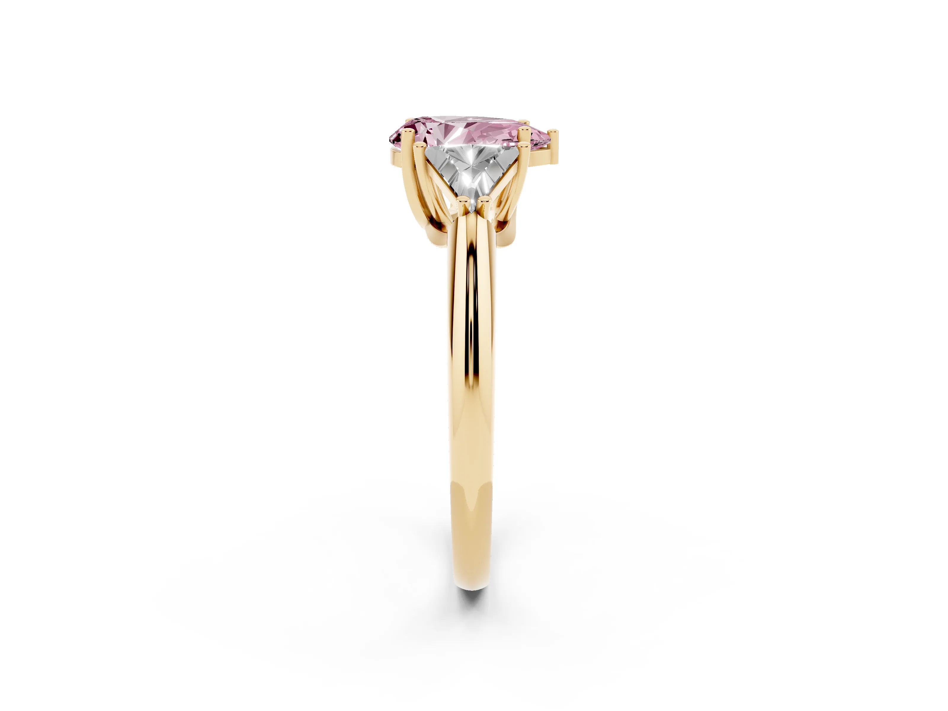 Fancy Pink Pear Cut Diamond Three-Stone Engagement Ring Set in Yellow gold with Trillion Side Stones
