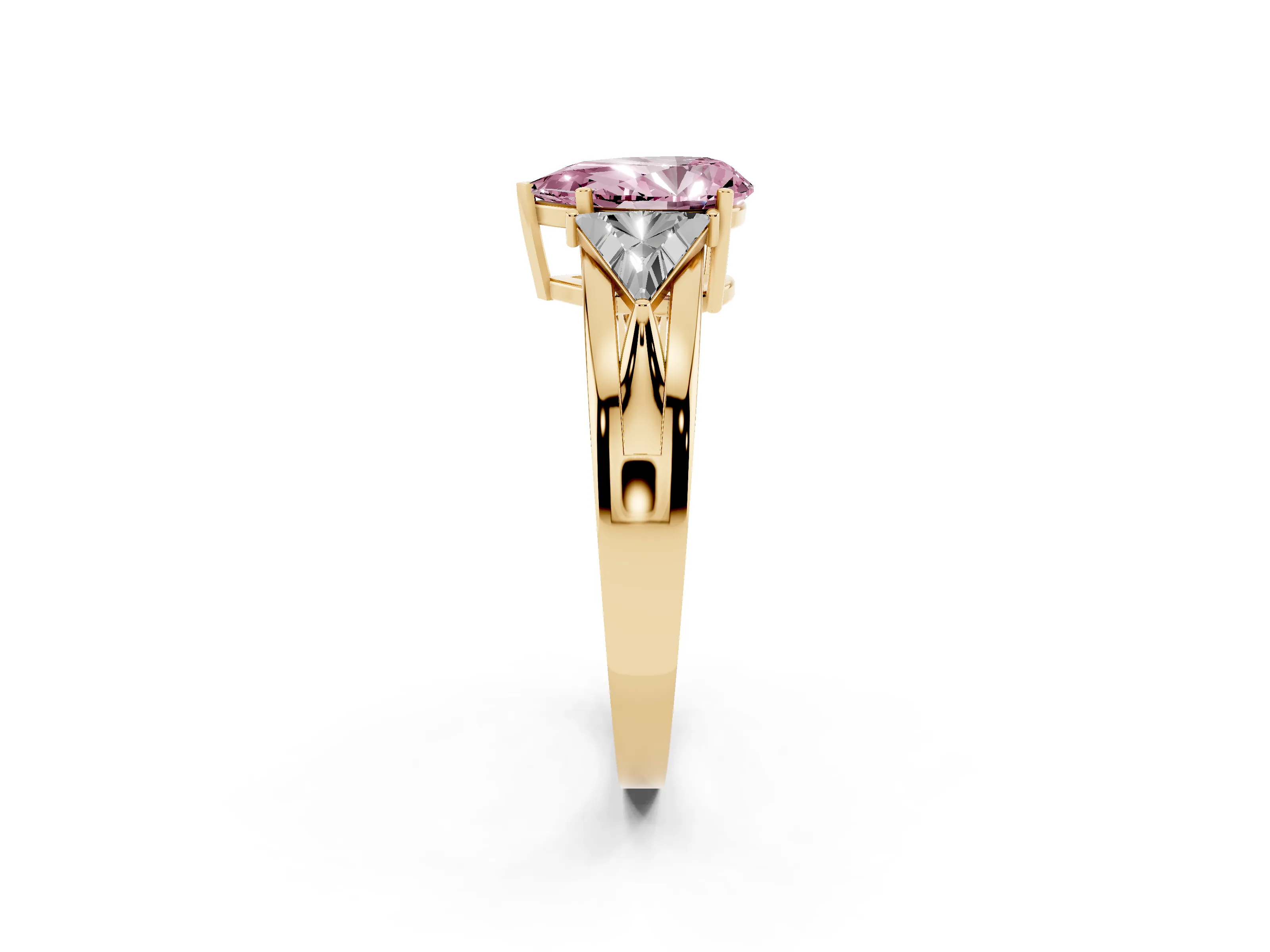 Fancy Pink Pear Cut Diamond Three-Stone Ring Set in Yellow gold with Trillion Side Stones and Split Shank